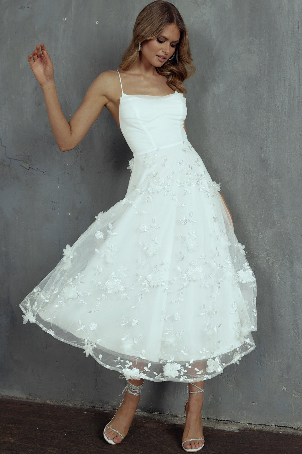 Floating By Pleated Neckline Mesh Midi Dress Embellished White by Selfie Leslie