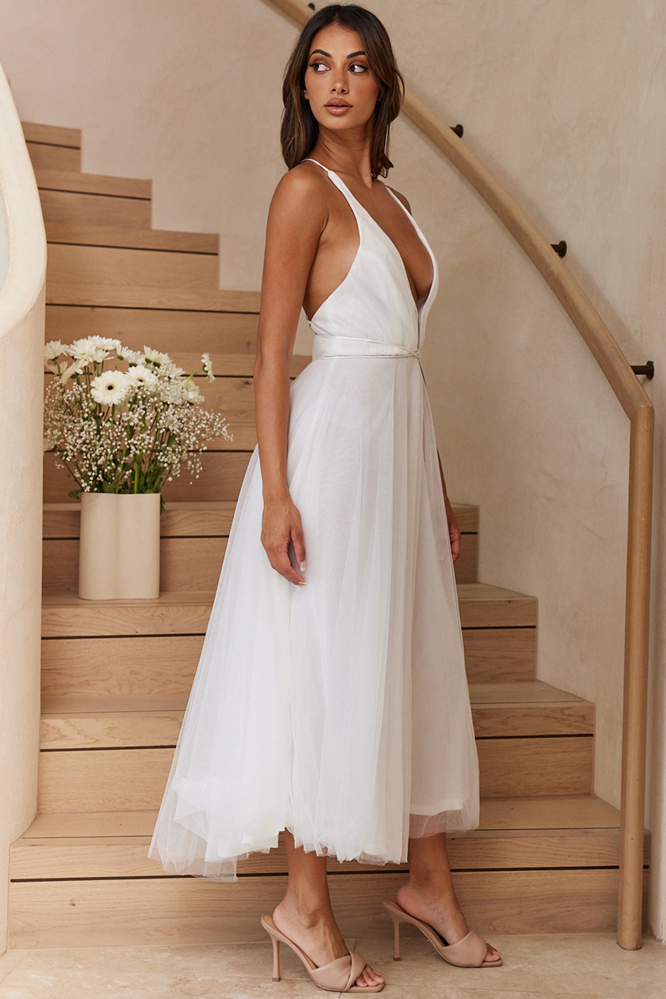 Floating By Plunging Neckline Mesh Overlay Midi Dress White by Selfie Leslie