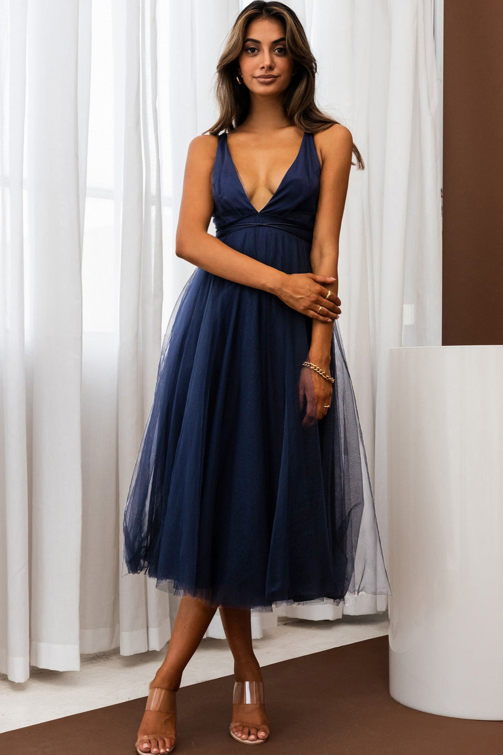 Floating By Plunging Neckline Mesh Overlay Midi Dress Navy by Selfie Leslie