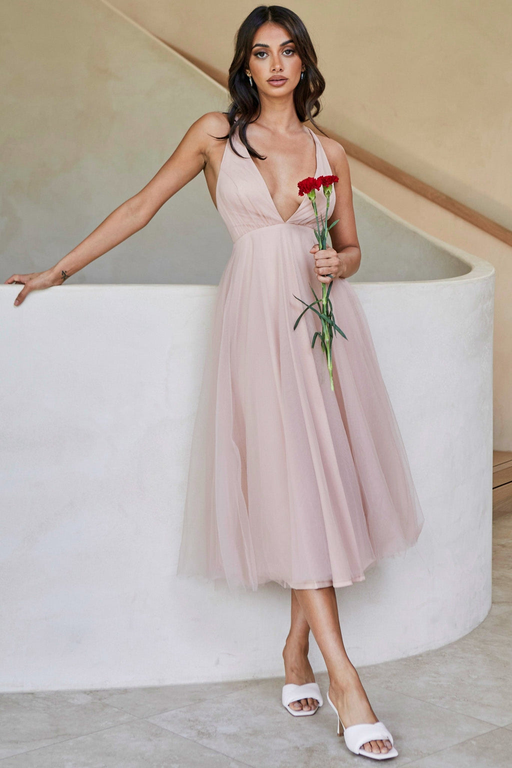 Floating By Plunging Neckline Mesh Overlay Midi Dress Apricot by Selfie Leslie
