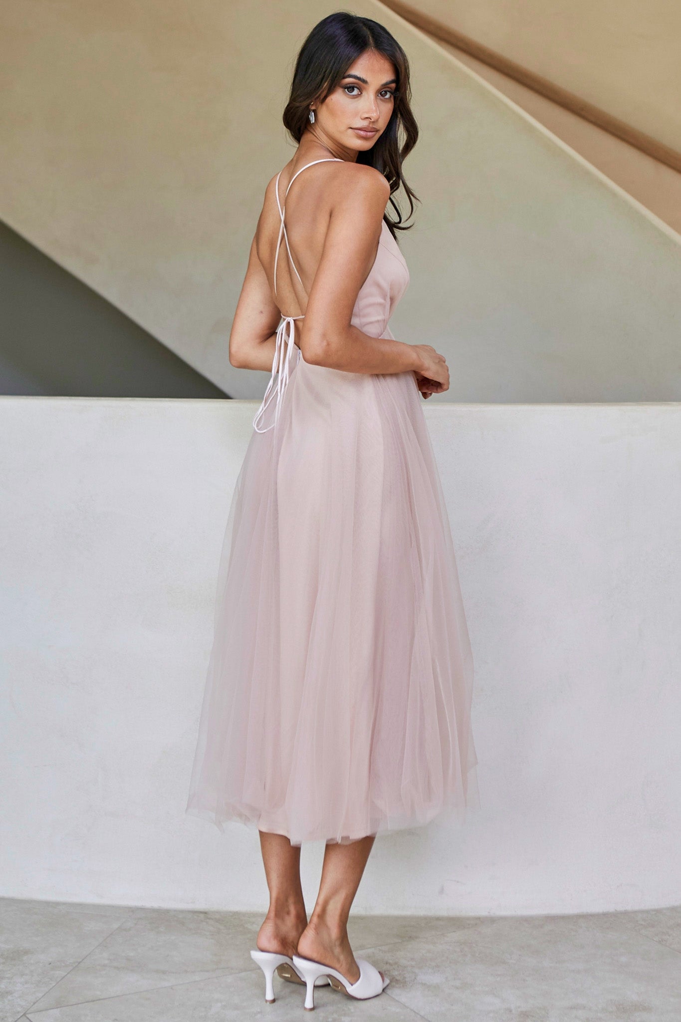 Floating By Plunging Neckline Mesh Overlay Midi Dress Apricot by Selfie Leslie