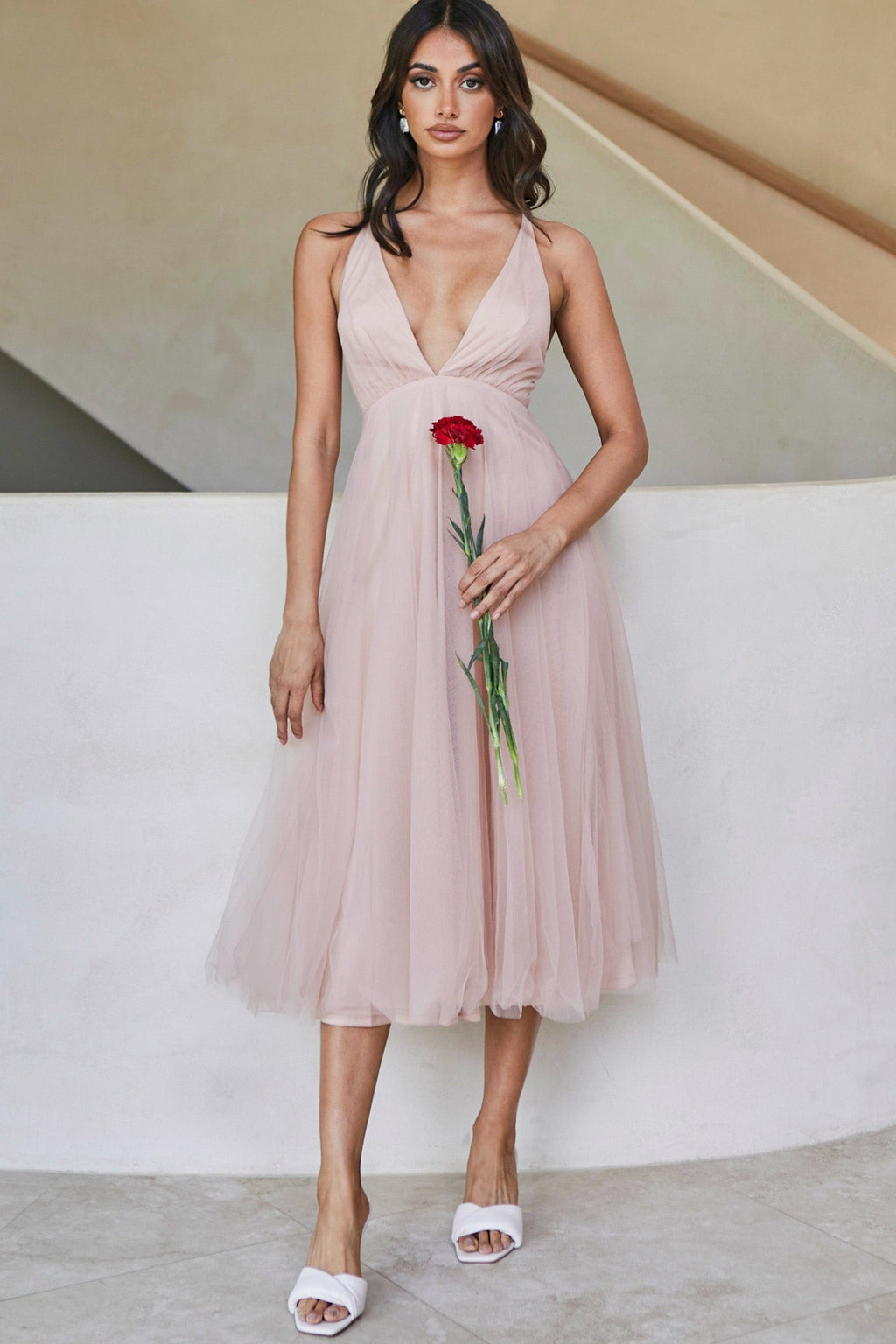 Floating By Plunging Neckline Mesh Overlay Midi Dress Apricot by Selfie Leslie