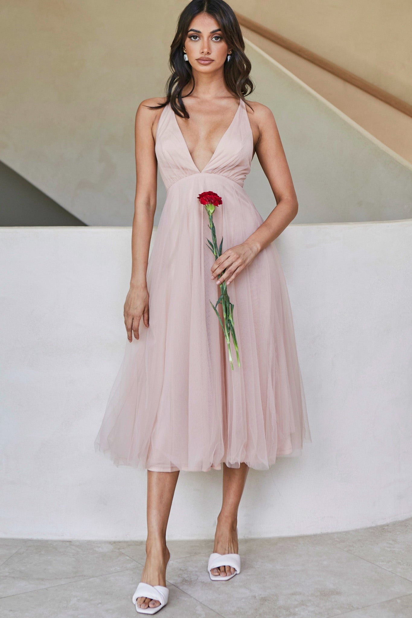 Floating By Plunging Neckline Mesh Overlay Midi Dress Apricot by Selfie Leslie