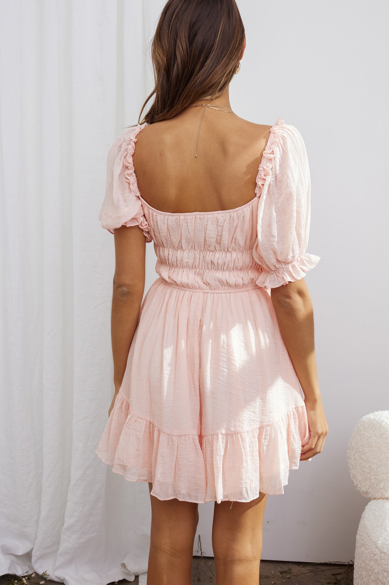 Romantics Shirred Bodice Puff Sleeve Mini Dress Blush by Selfie Leslie