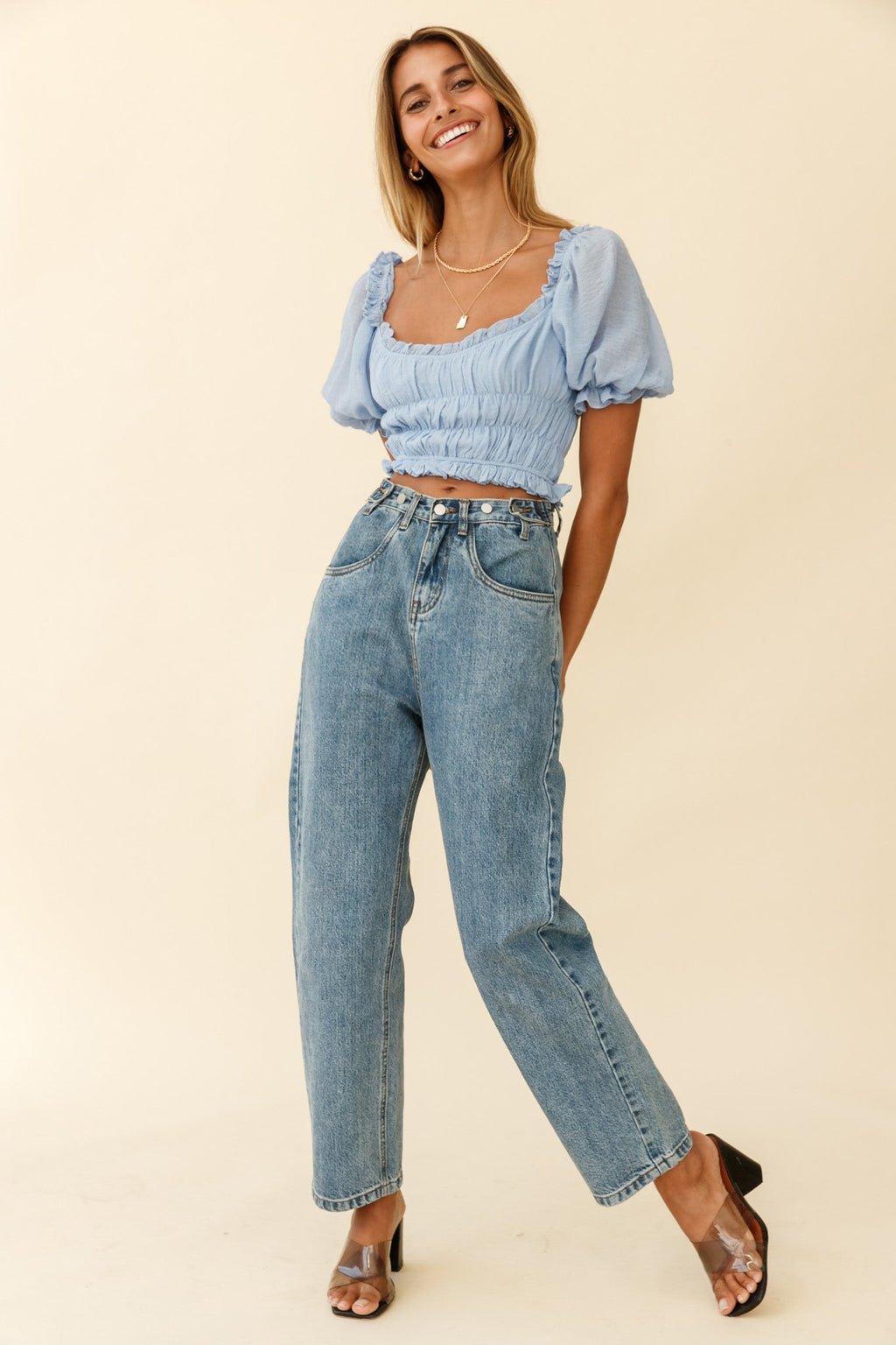 Romantics Shirred Bodice Puff Sleeve Crop Top Blue by Selfie Leslie