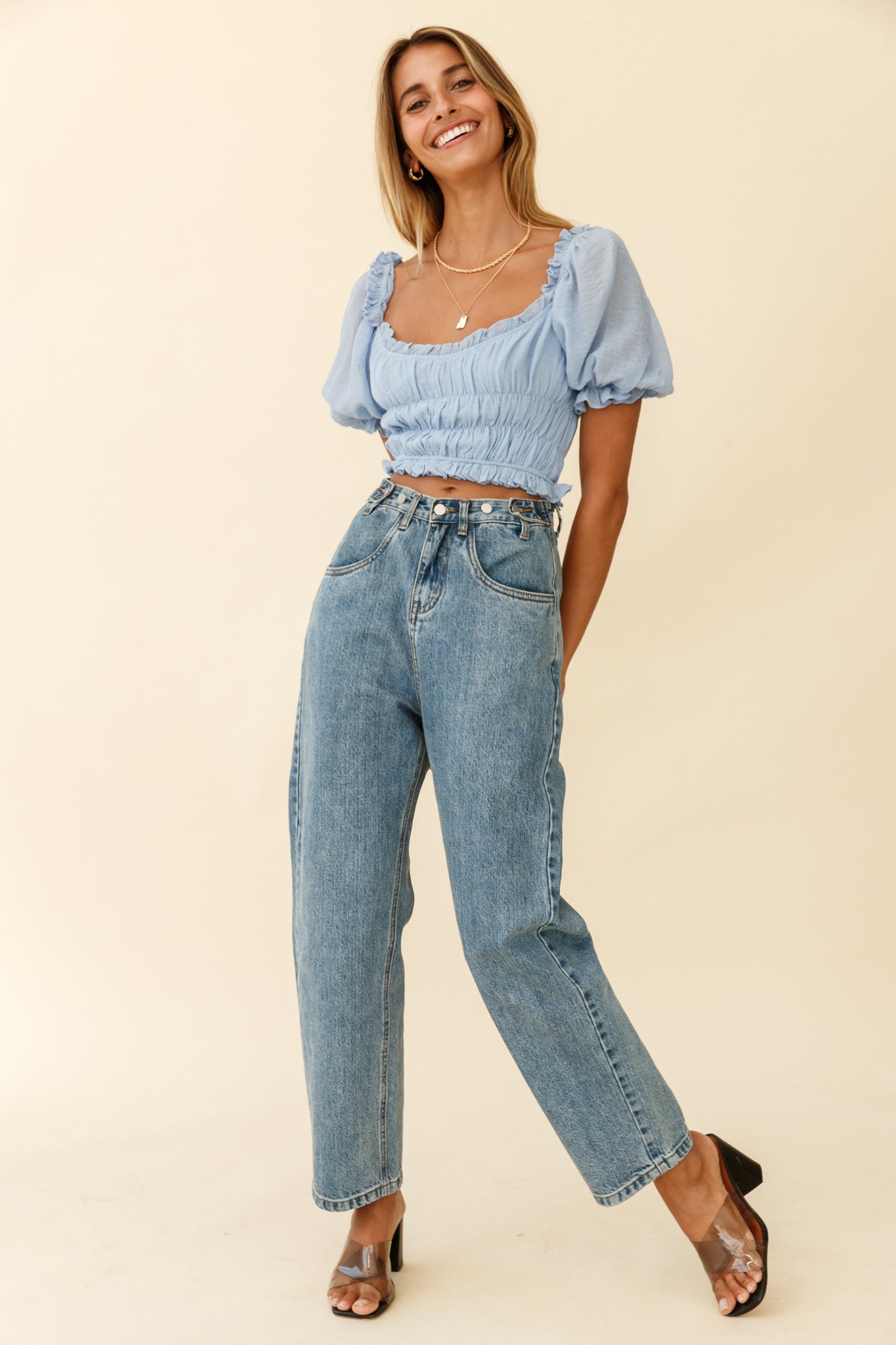 Romantics Shirred Bodice Puff Sleeve Crop Top Blue by Selfie Leslie