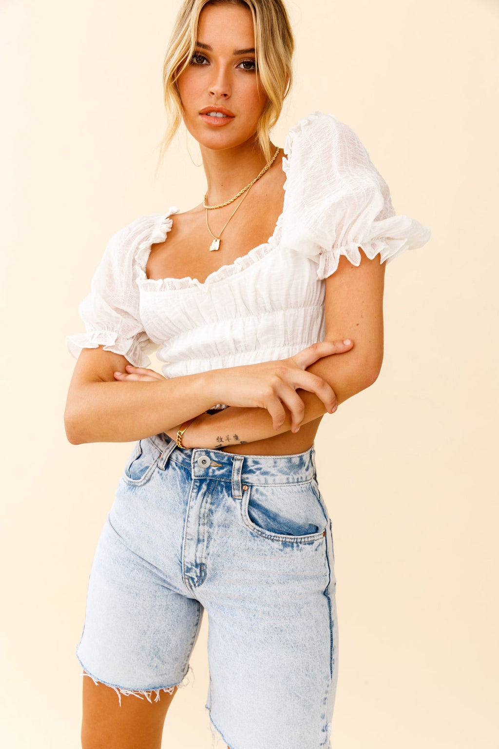 Romantics Shirred Bodice Puff Sleeve Crop Top White by Selfie Leslie