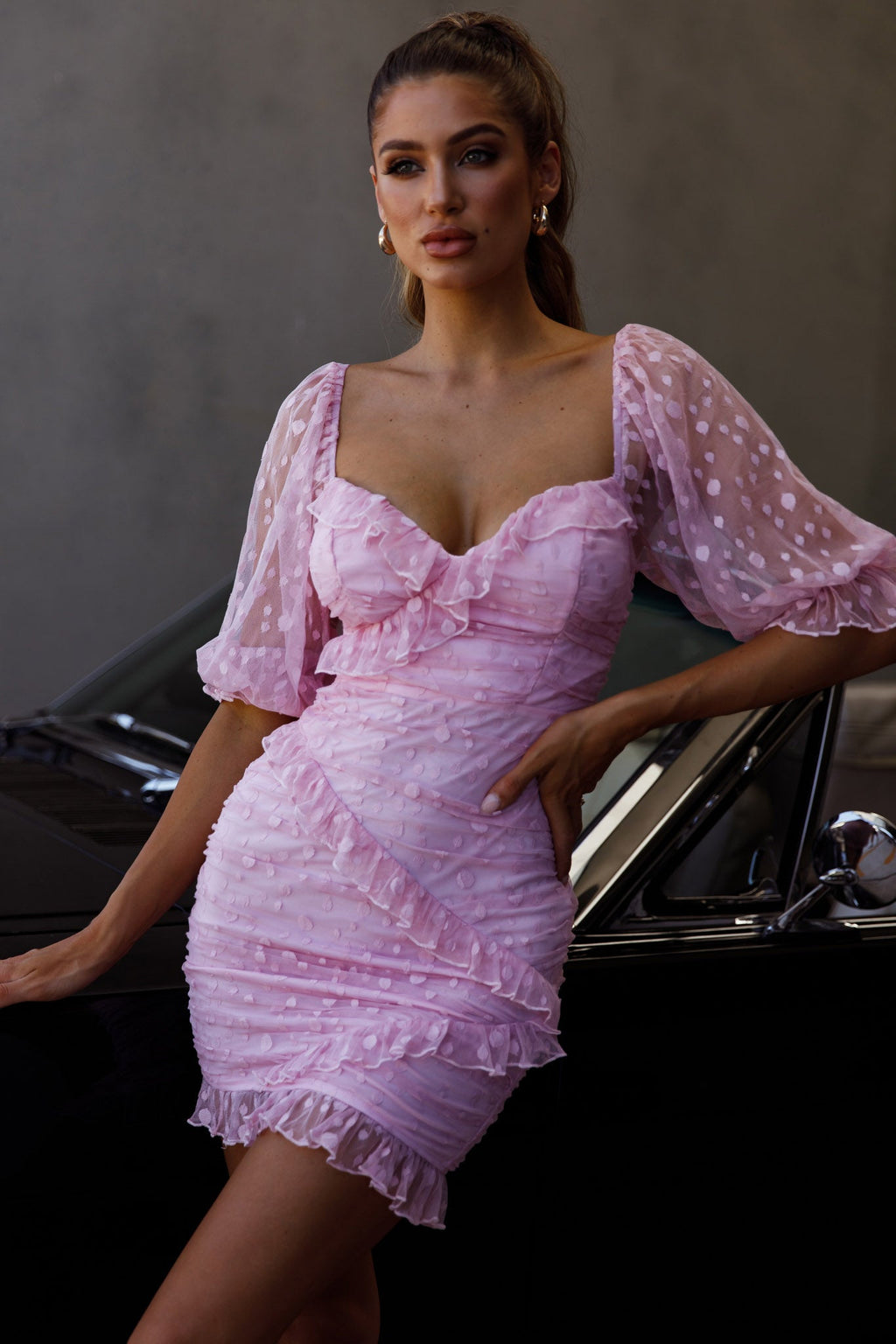 La Vida Sweetheart Neckline Puff Sleeve Dress Pink by Selfie Leslie