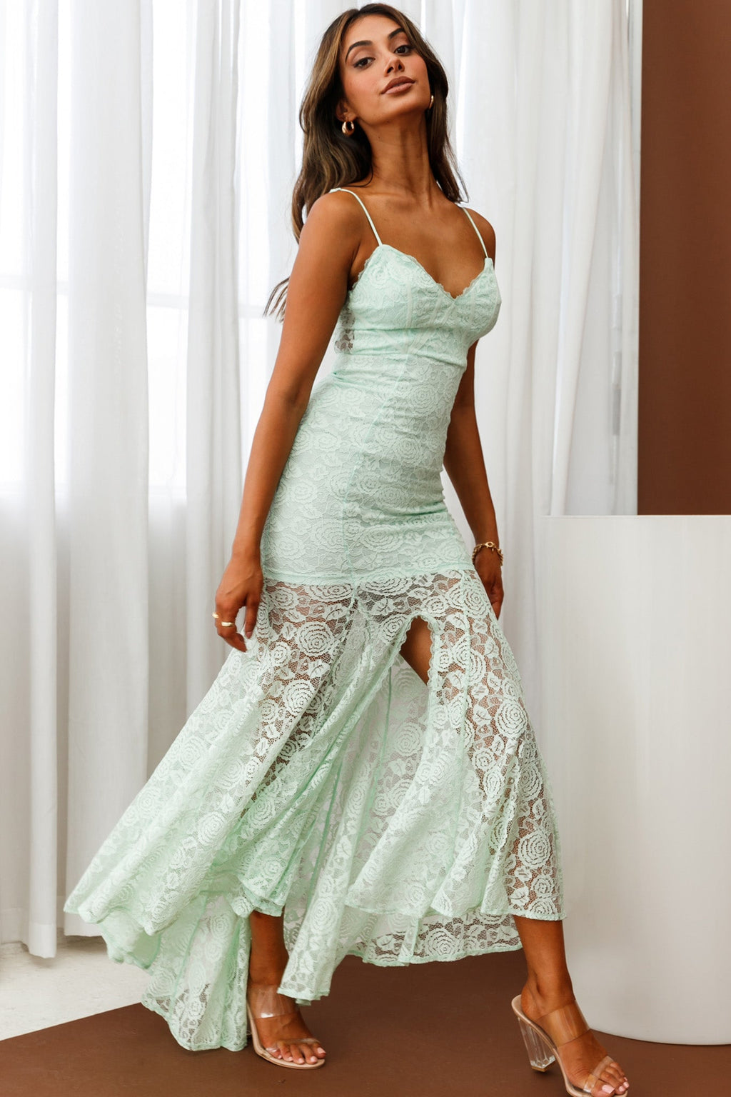 Forget Me Not Front Split Lace Mermaid Dress Apple by Selfie Leslie