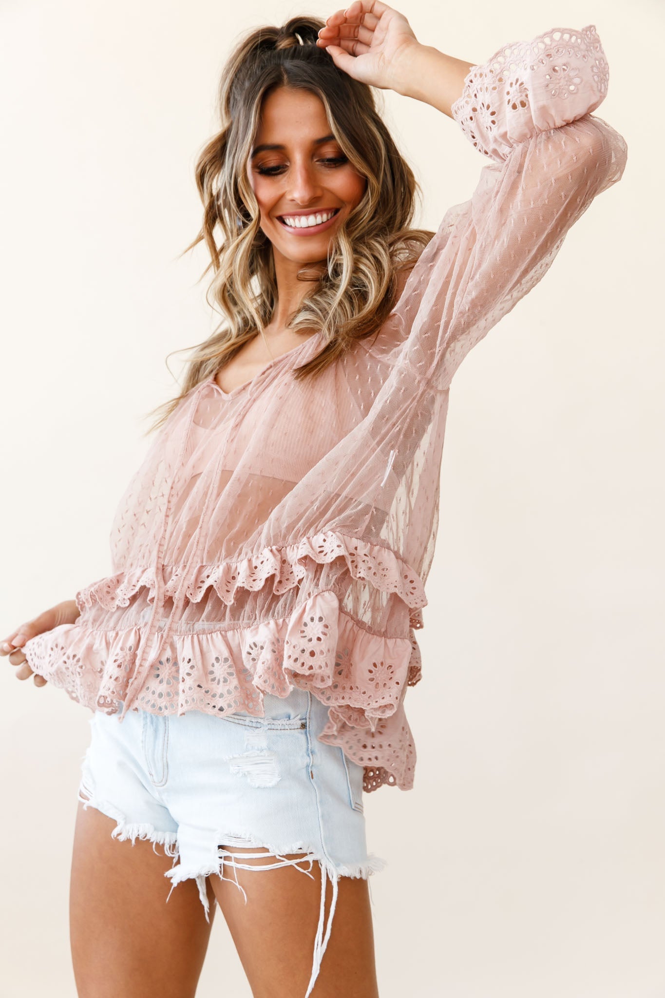 Kiana Adjustable Neckline Tie Hail Spot Mesh Top Mocha by Selfie Leslie