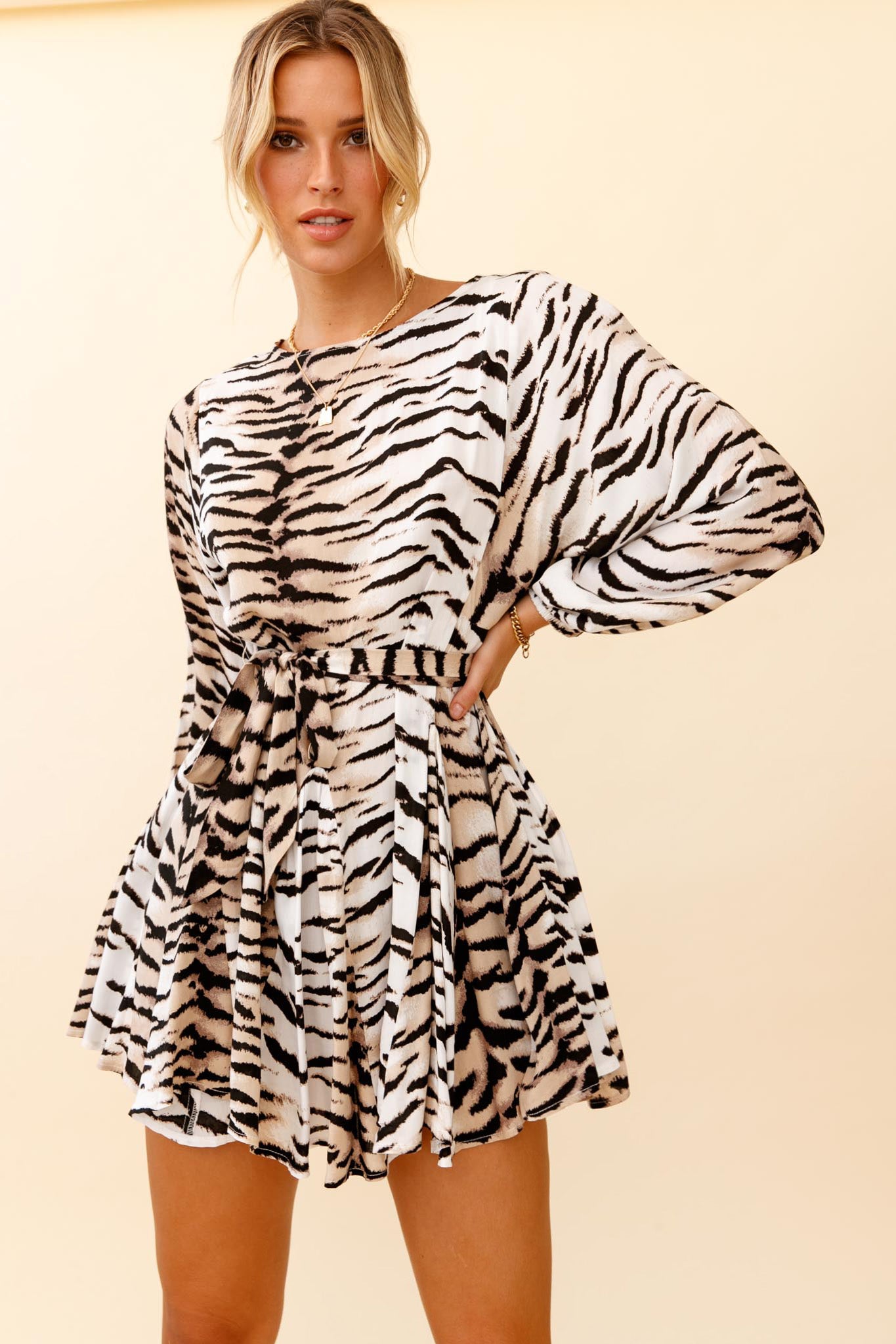 Drift Away Long Sleeve Godet Detail Dress Tiger Print by Selfie Leslie