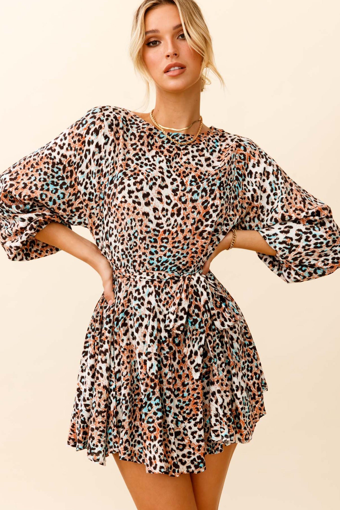 Drift Away Long Sleeve Godet Detail Dress Leopard Print Brown by Selfie Leslie