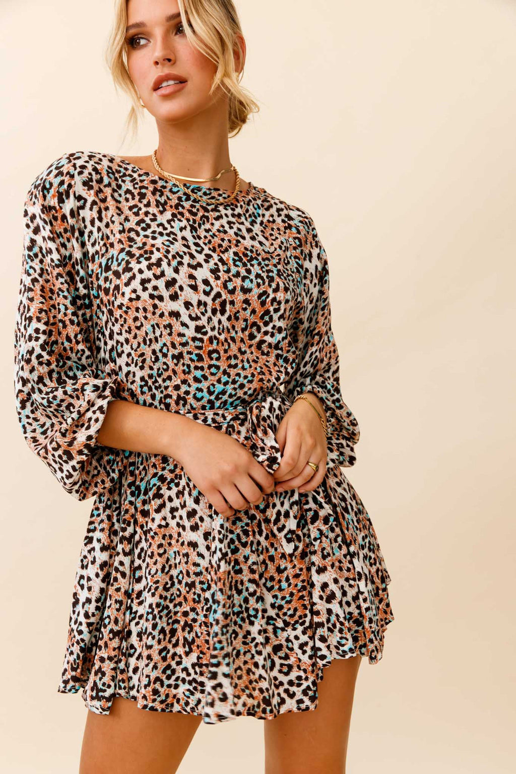 Drift Away Long Sleeve Godet Detail Dress Leopard Print Brown by Selfie Leslie