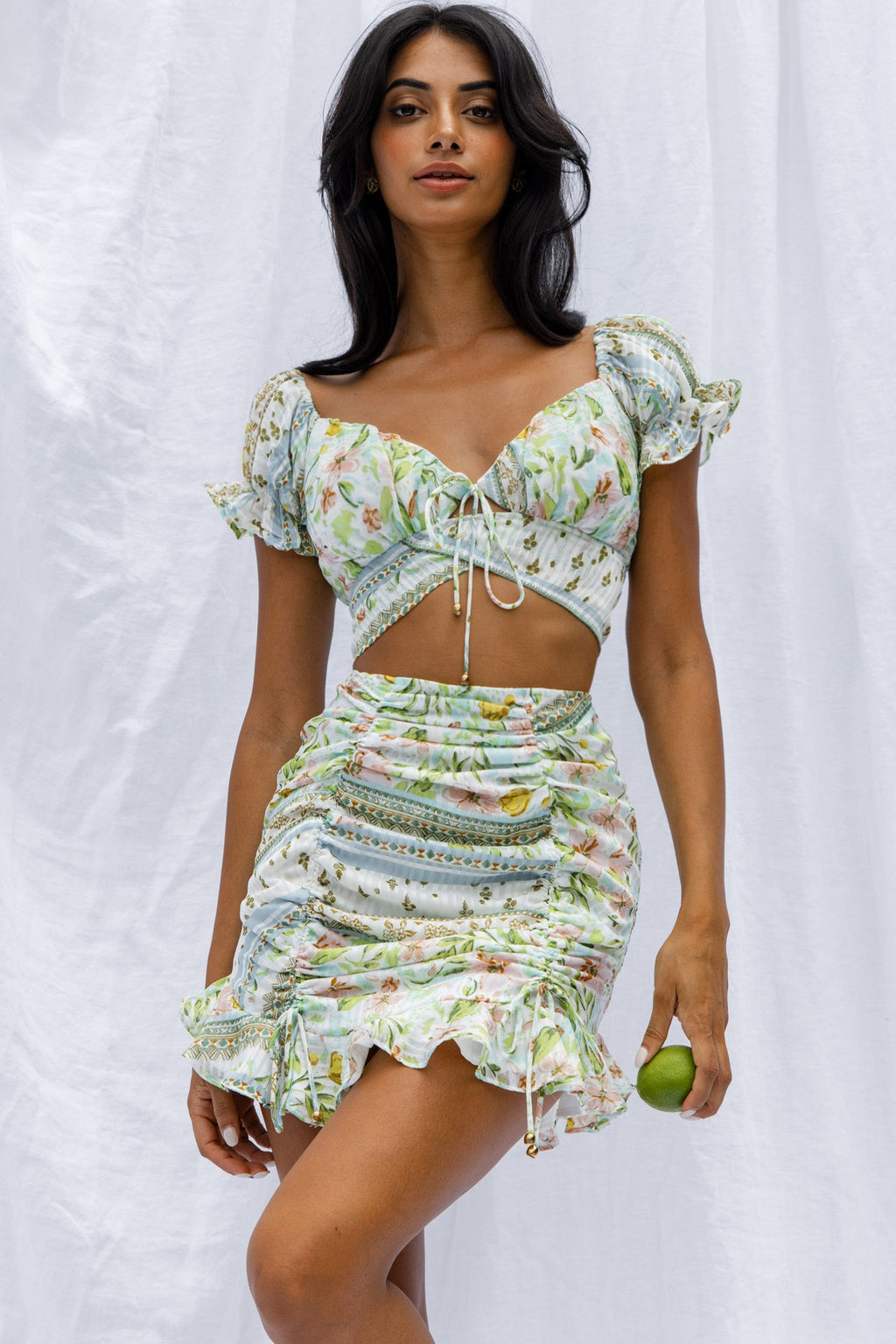 Azure Sky Ruched Mini Skirt Printed Green by Selfie Leslie
