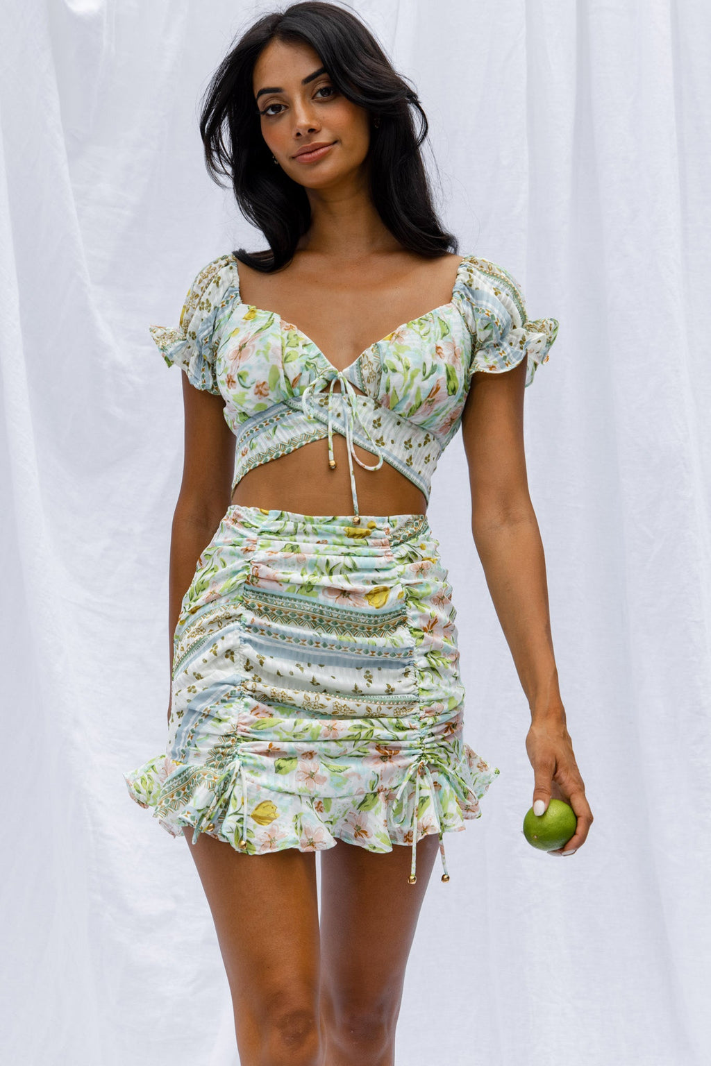 Azure Sky Ruched Mini Skirt Printed Green by Selfie Leslie