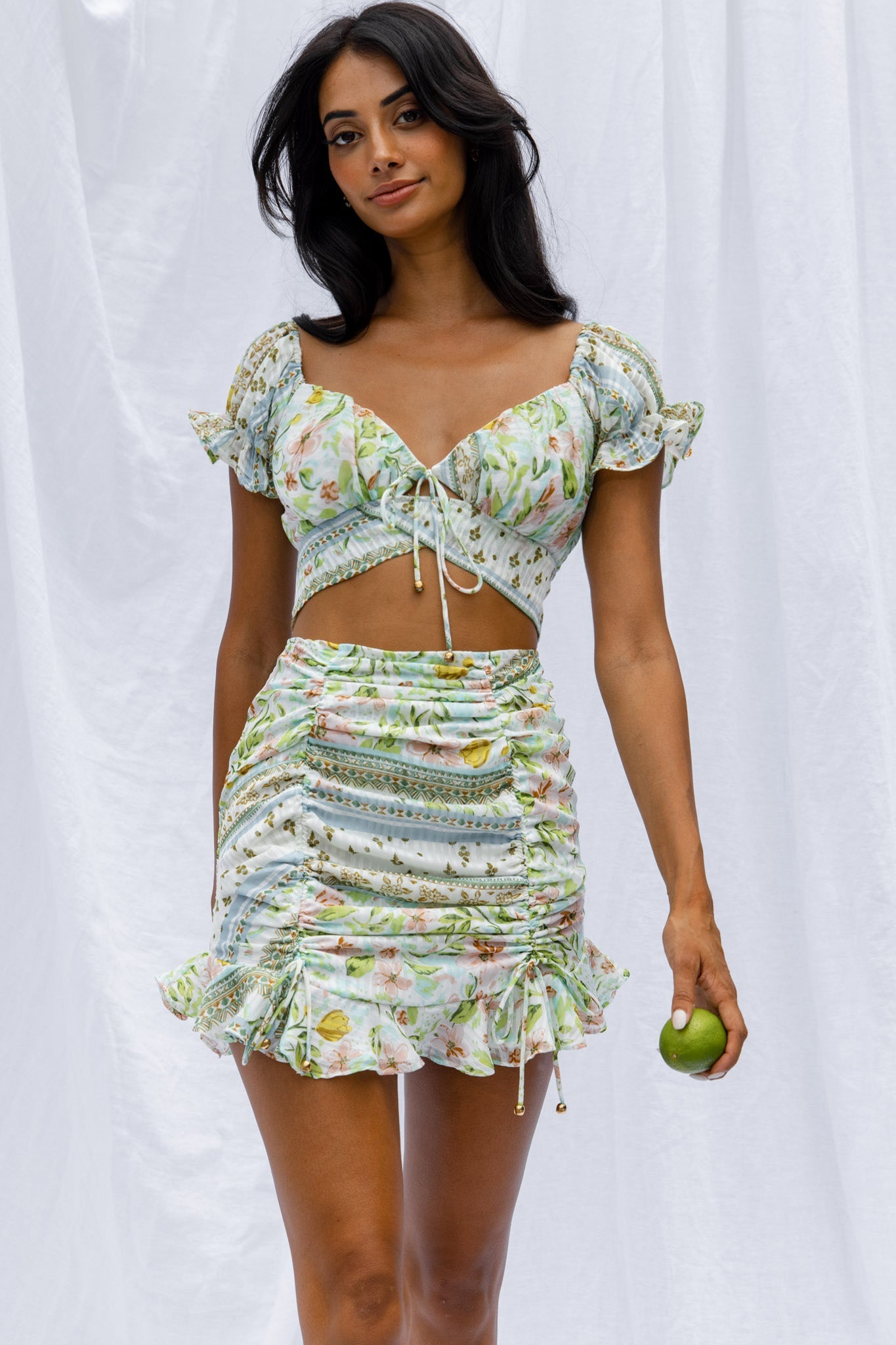 Azure Sky Ruched Mini Skirt Printed Green by Selfie Leslie