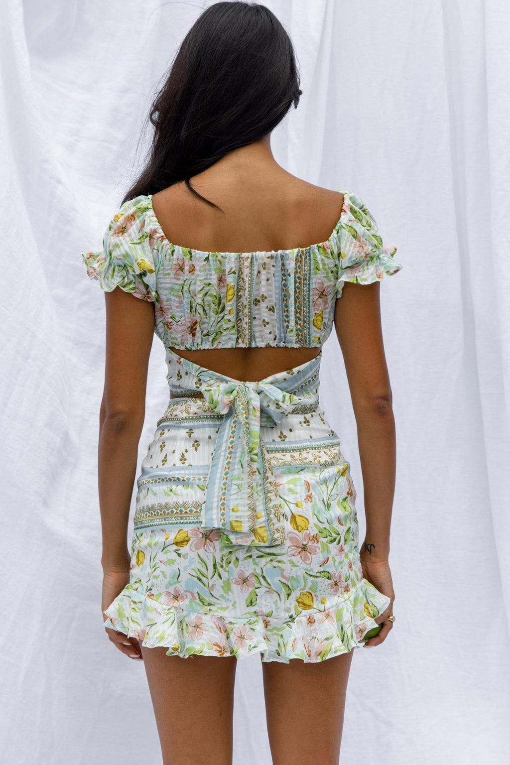 Azure Sky Ruched Mini Skirt Printed Green by Selfie Leslie