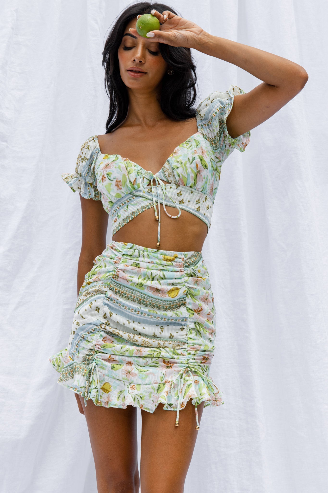 Azure Sky Ruched Mini Skirt Printed Green by Selfie Leslie