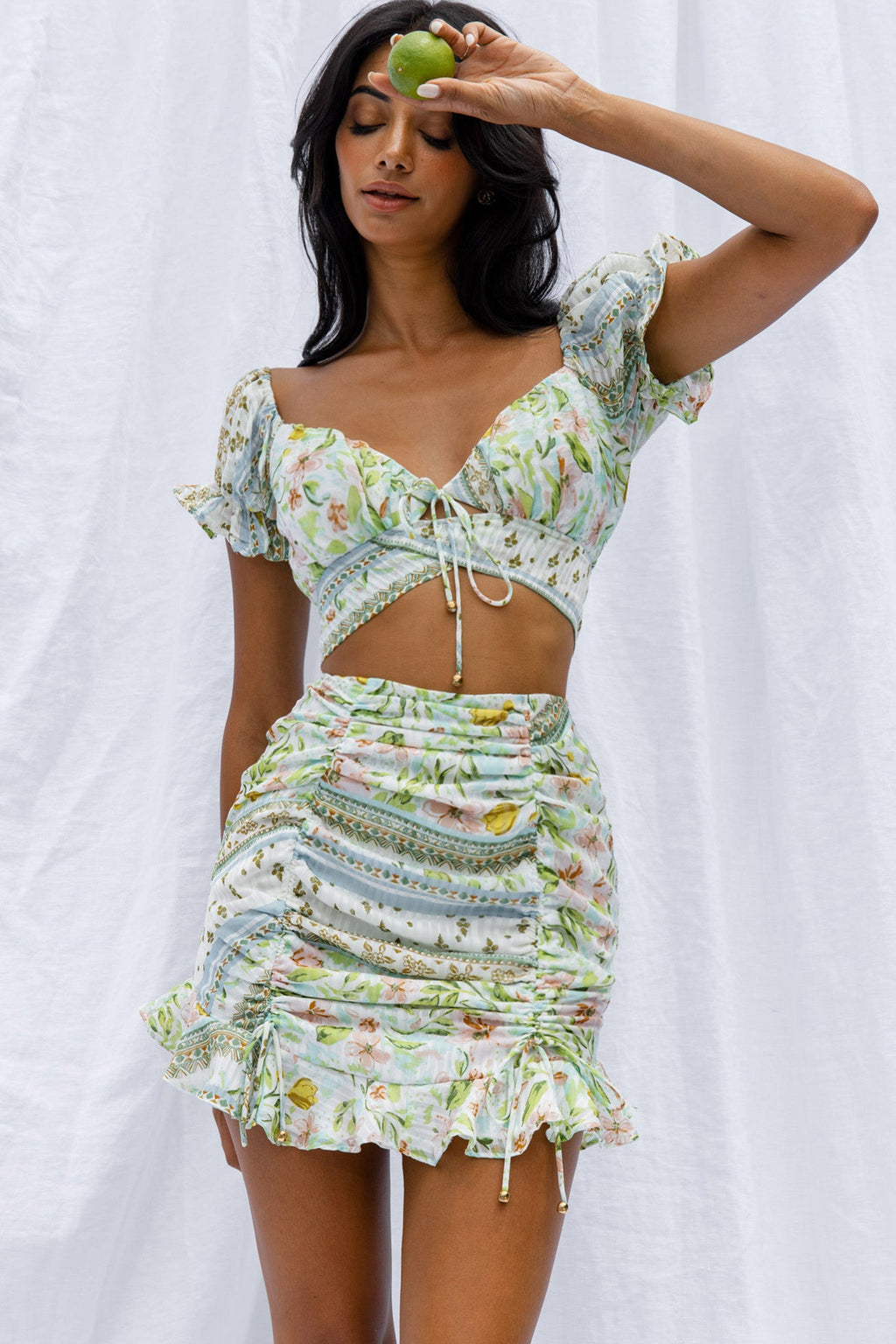 Azure Sky Tied Back Crop Top Printed Green by Selfie Leslie