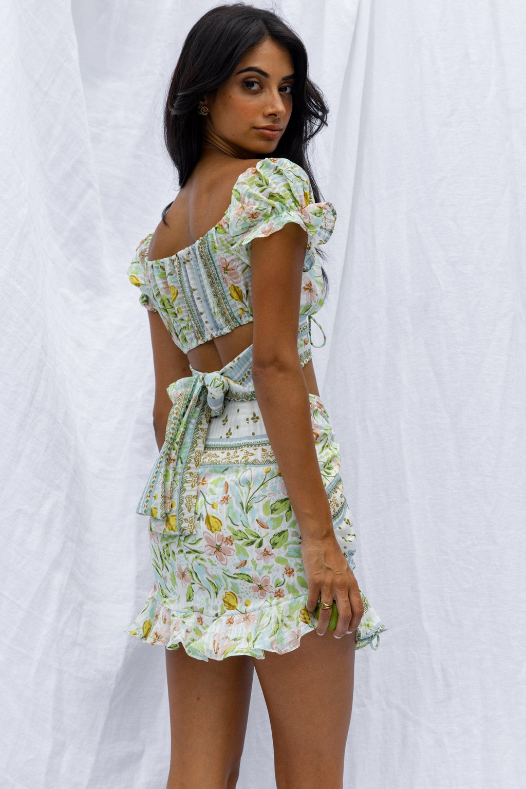 Azure Sky Tied Back Crop Top Printed Green by Selfie Leslie