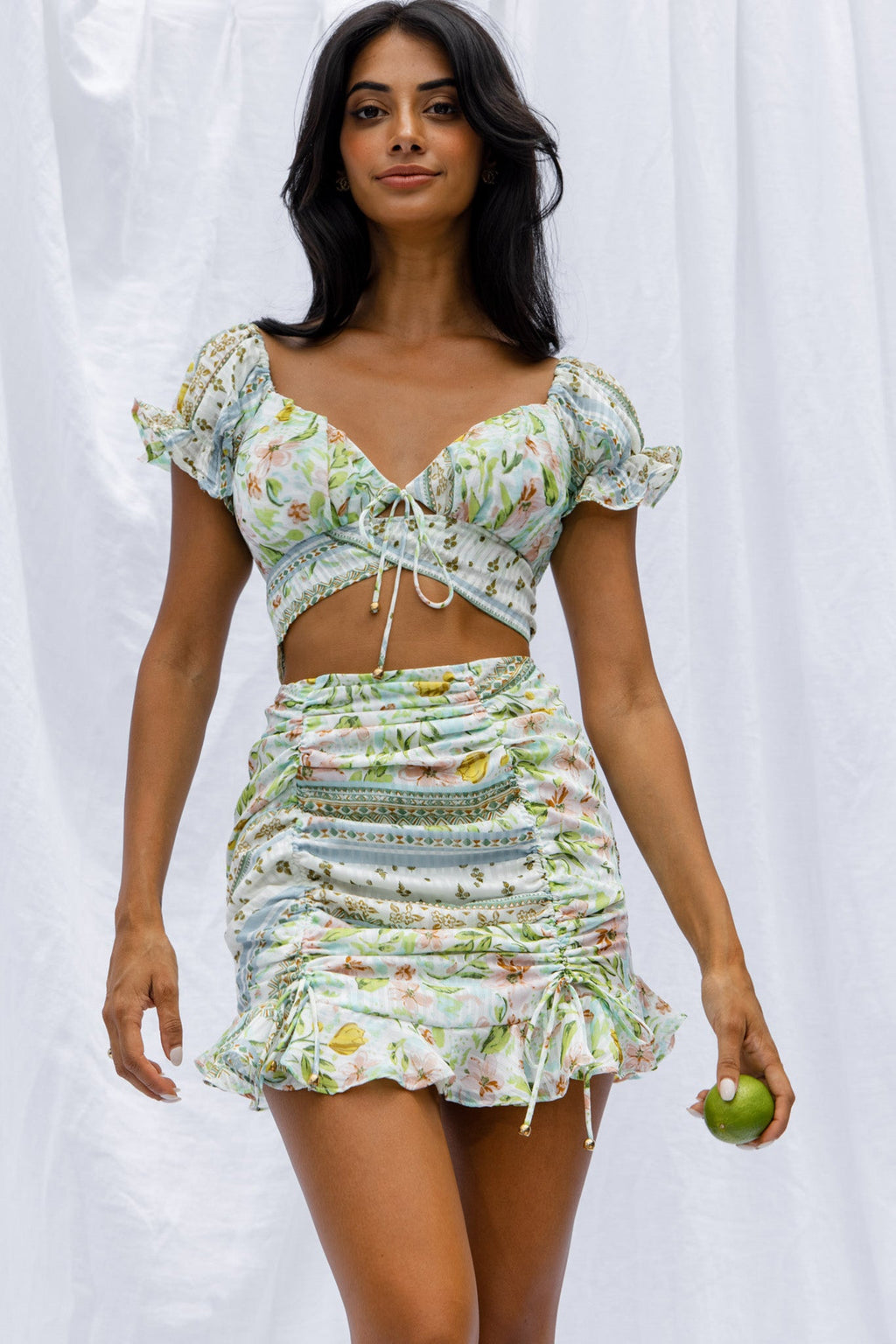 Azure Sky Tied Back Crop Top Printed Green by Selfie Leslie