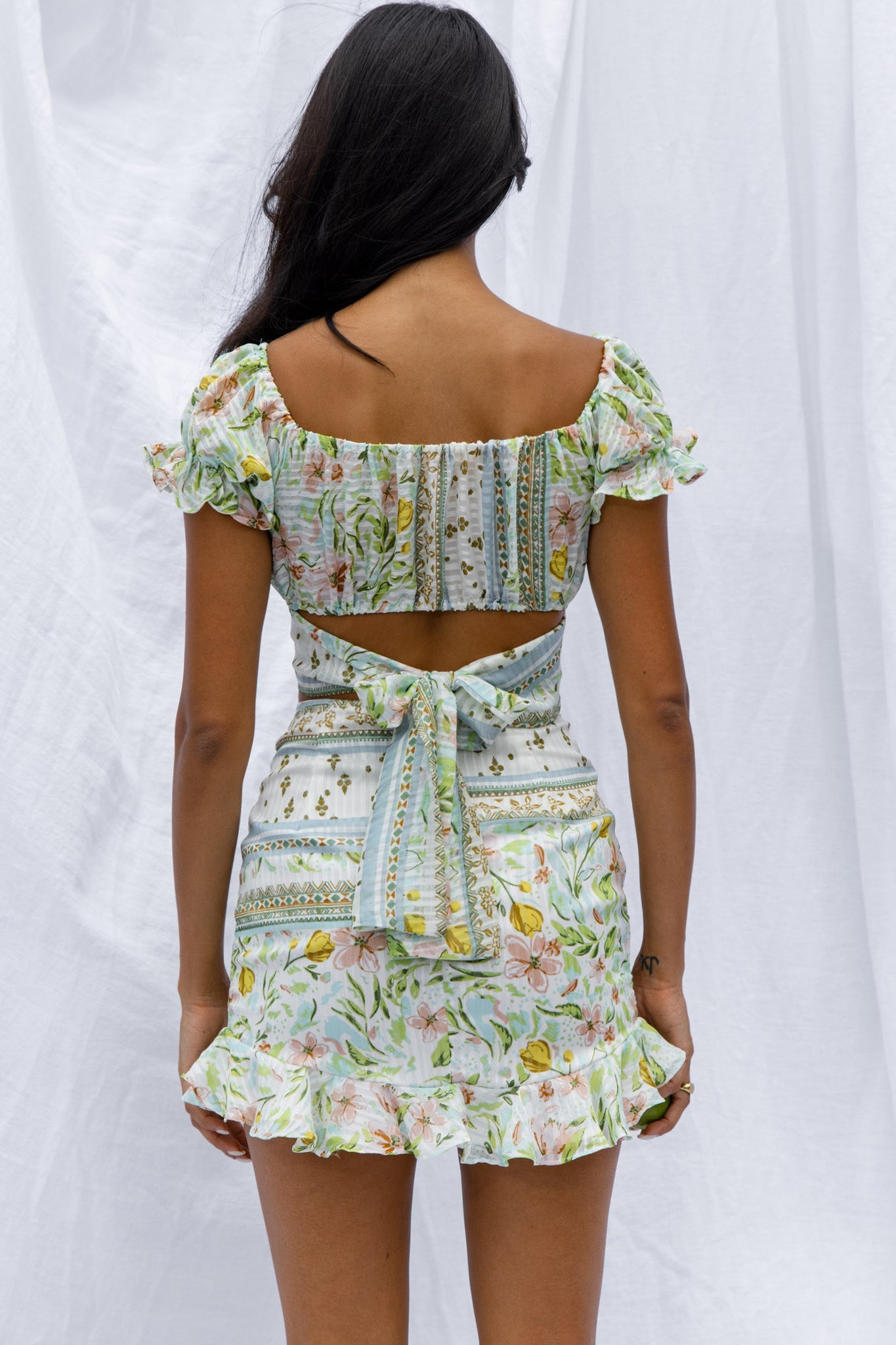 Azure Sky Tied Back Crop Top Printed Green by Selfie Leslie