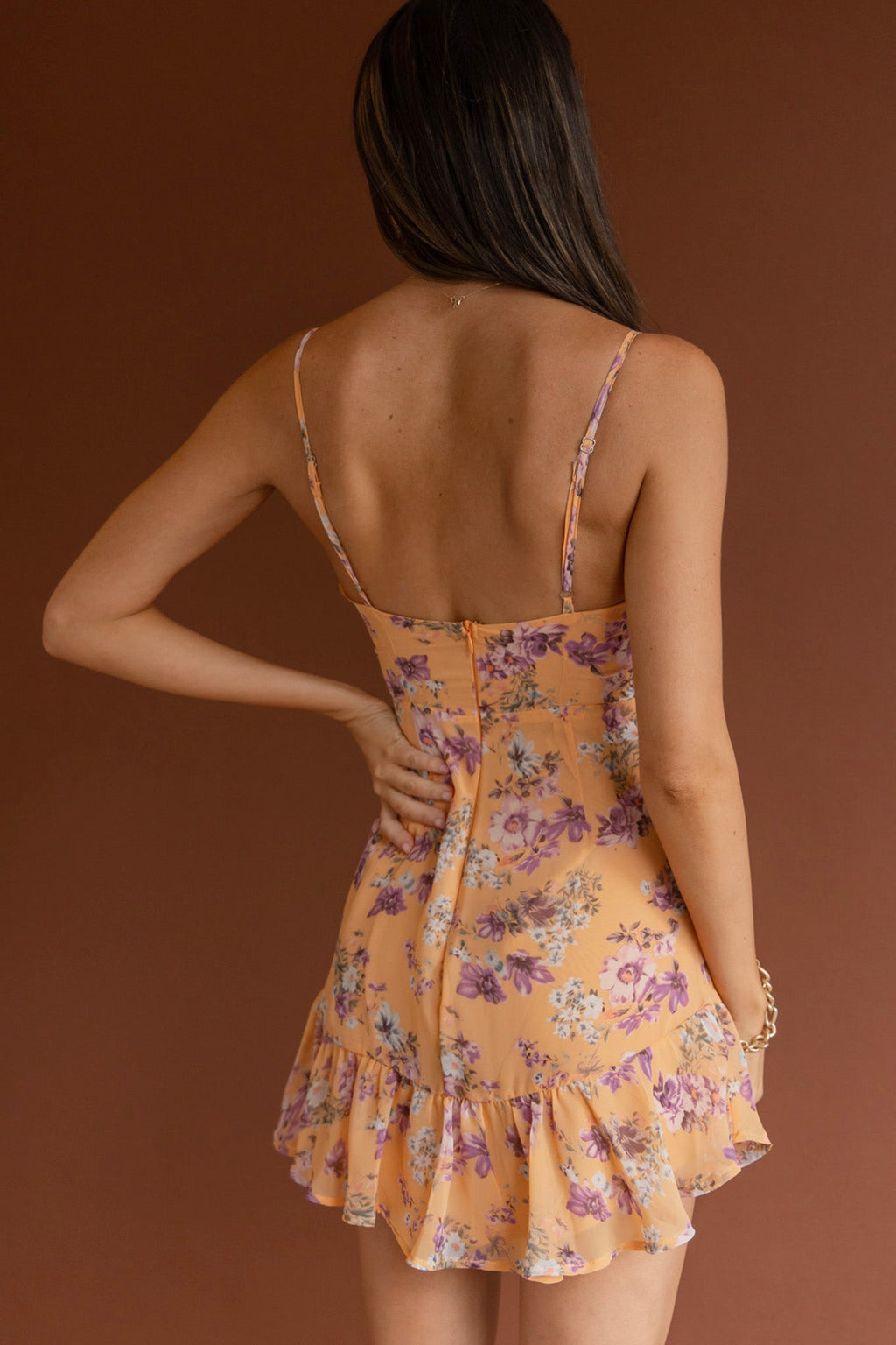 Good Vibes V-Neckline Frill Hem Dress Floral Orange by Selfie Leslie