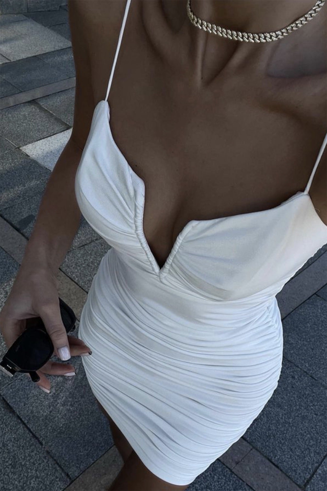 Good Vibes Cami Strap Deep V-Neckline Ruched Mini Dress White by Selfie Leslie Australia