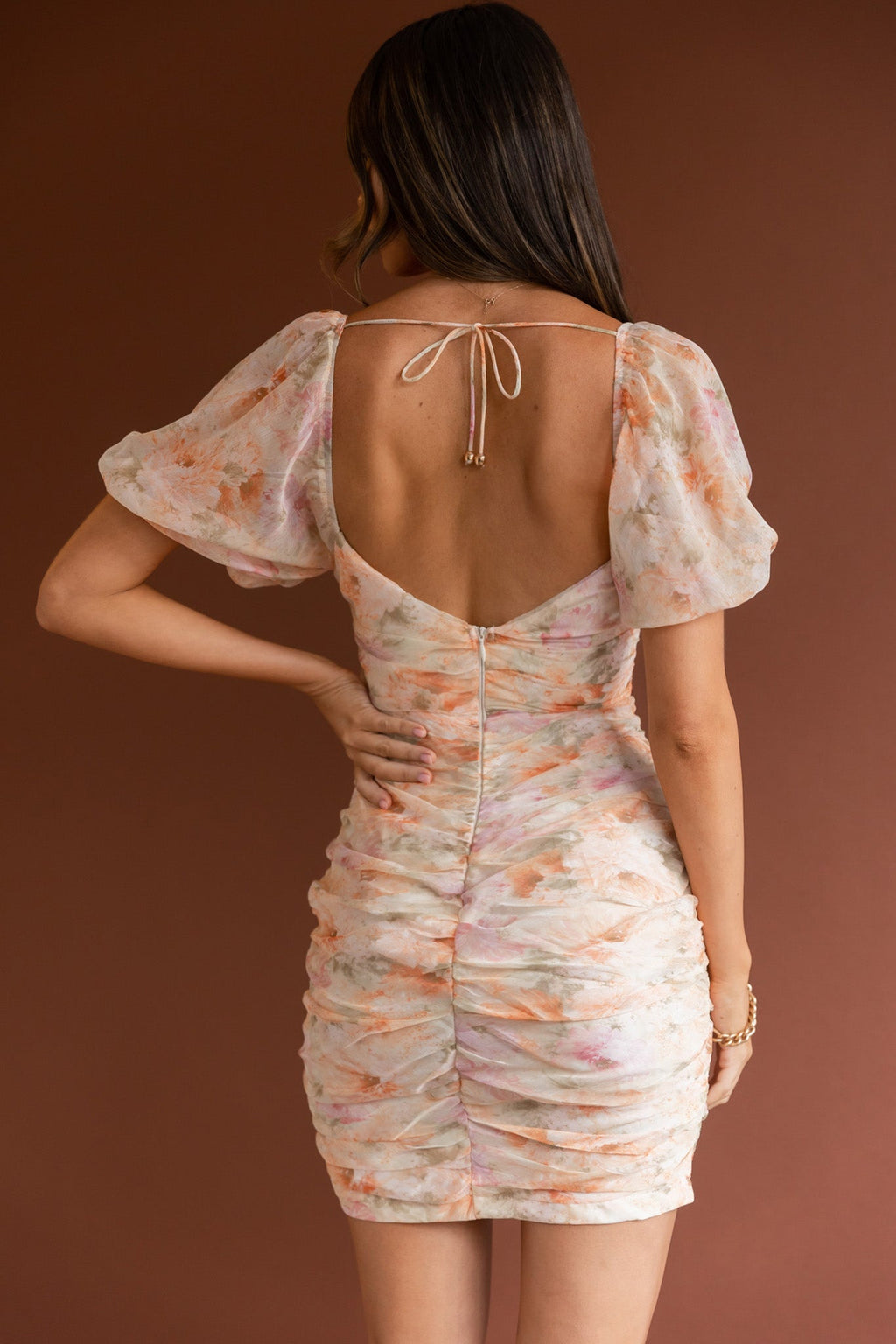 Good Vibes Puff Sleeve Deep V-Neckline Mini Dress Floral Print Orange by Selfie Leslie