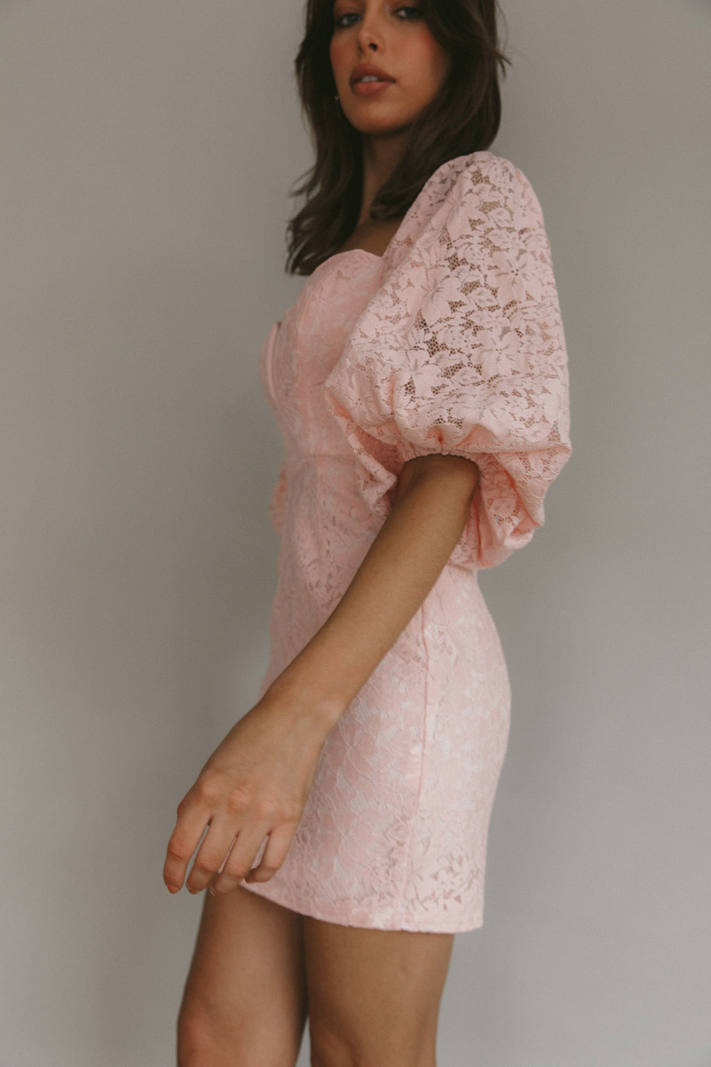 Good Vibes Puff Sleeve Deep V-Neckline Lace Mini Dress Blush by Selfie Leslie Australia
