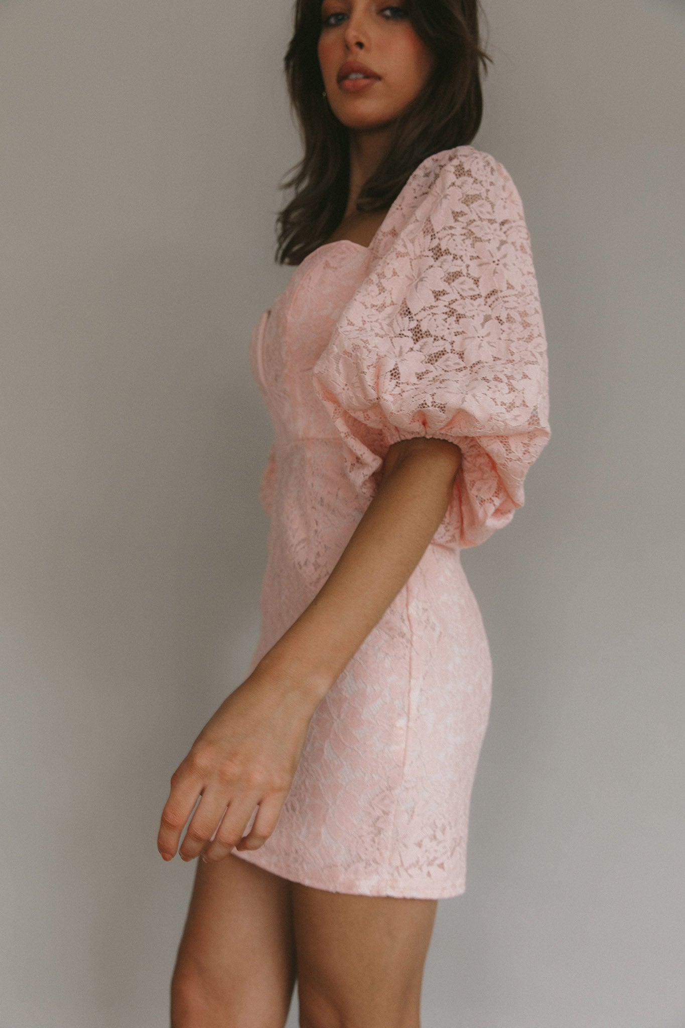 Good Vibes Puff Sleeve Deep V-Neckline Lace Mini Dress Blush by Selfie Leslie Australia