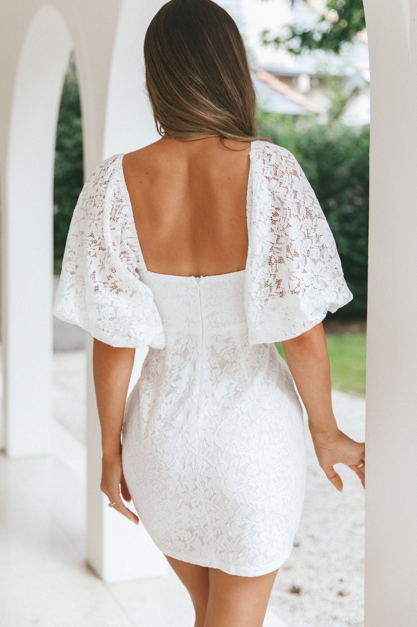 Good Vibes Puff Sleeve Deep V-Neckline Lace Mini Dress White by Selfie Leslie