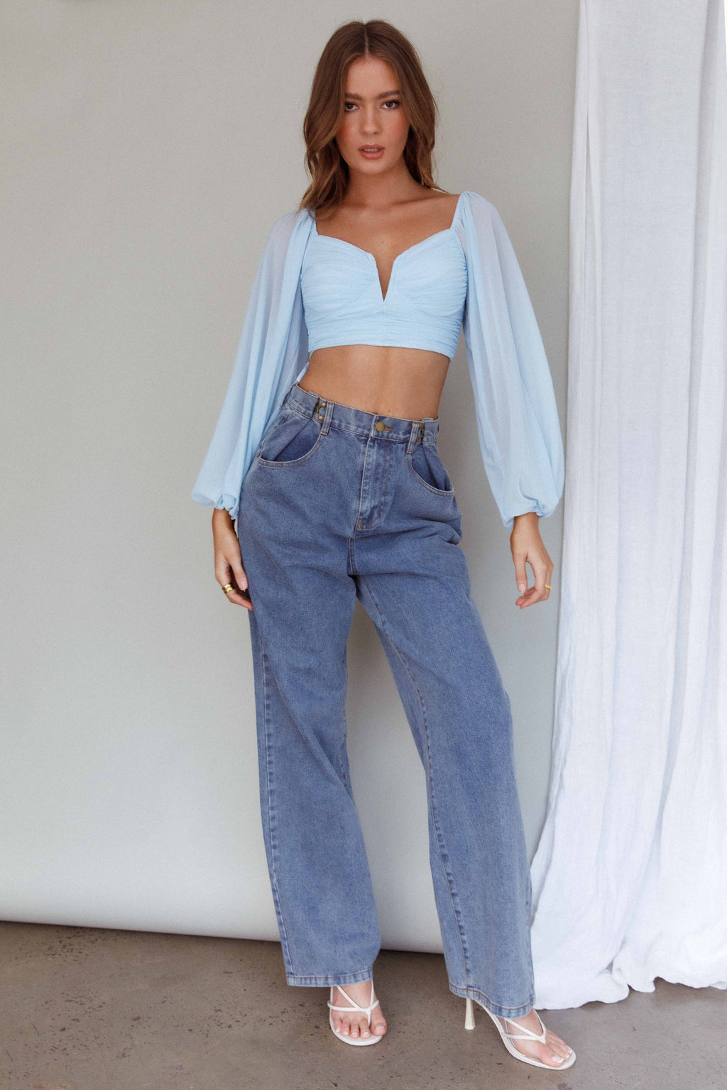 Tanner Long Sleeve Ruched Crop Top Steel Blue by Selfie Leslie Australia