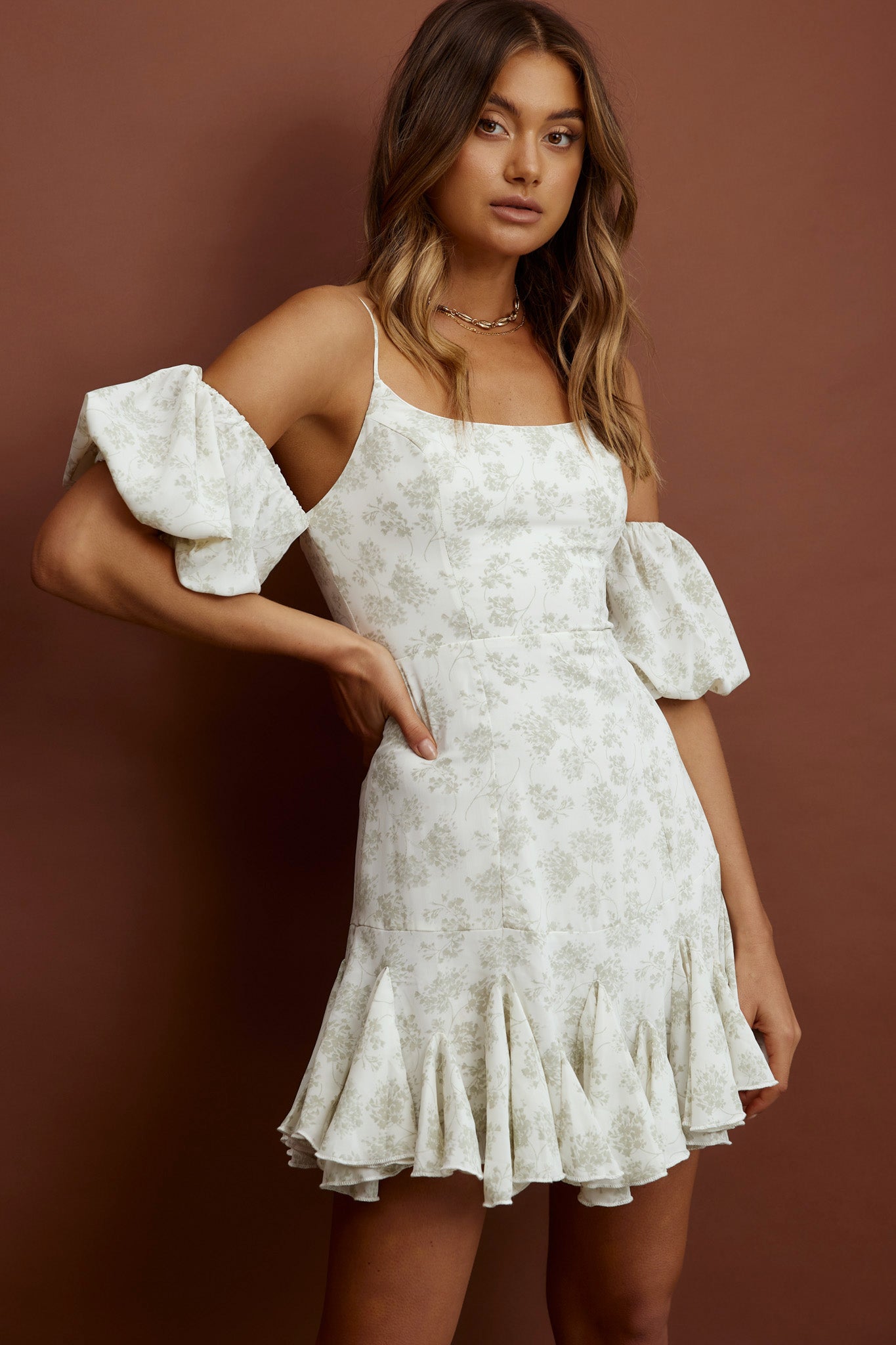 Southern Belle Godet Hem Mini Dress Floral Green by Selfie Leslie