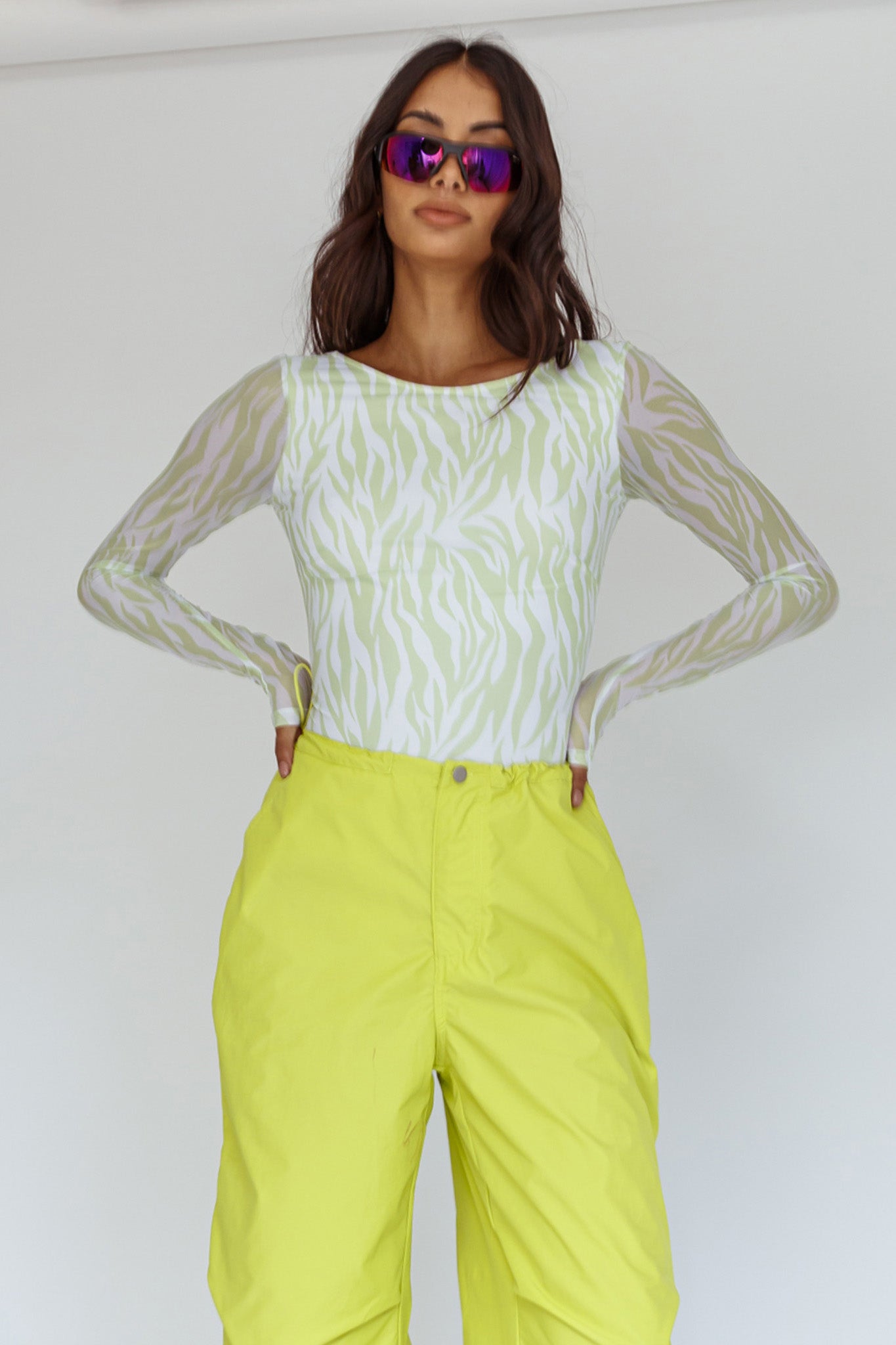 Juni Long Sleeve Low Back Mesh Bodysuit Tiger Lime by Selfie Leslie Australia