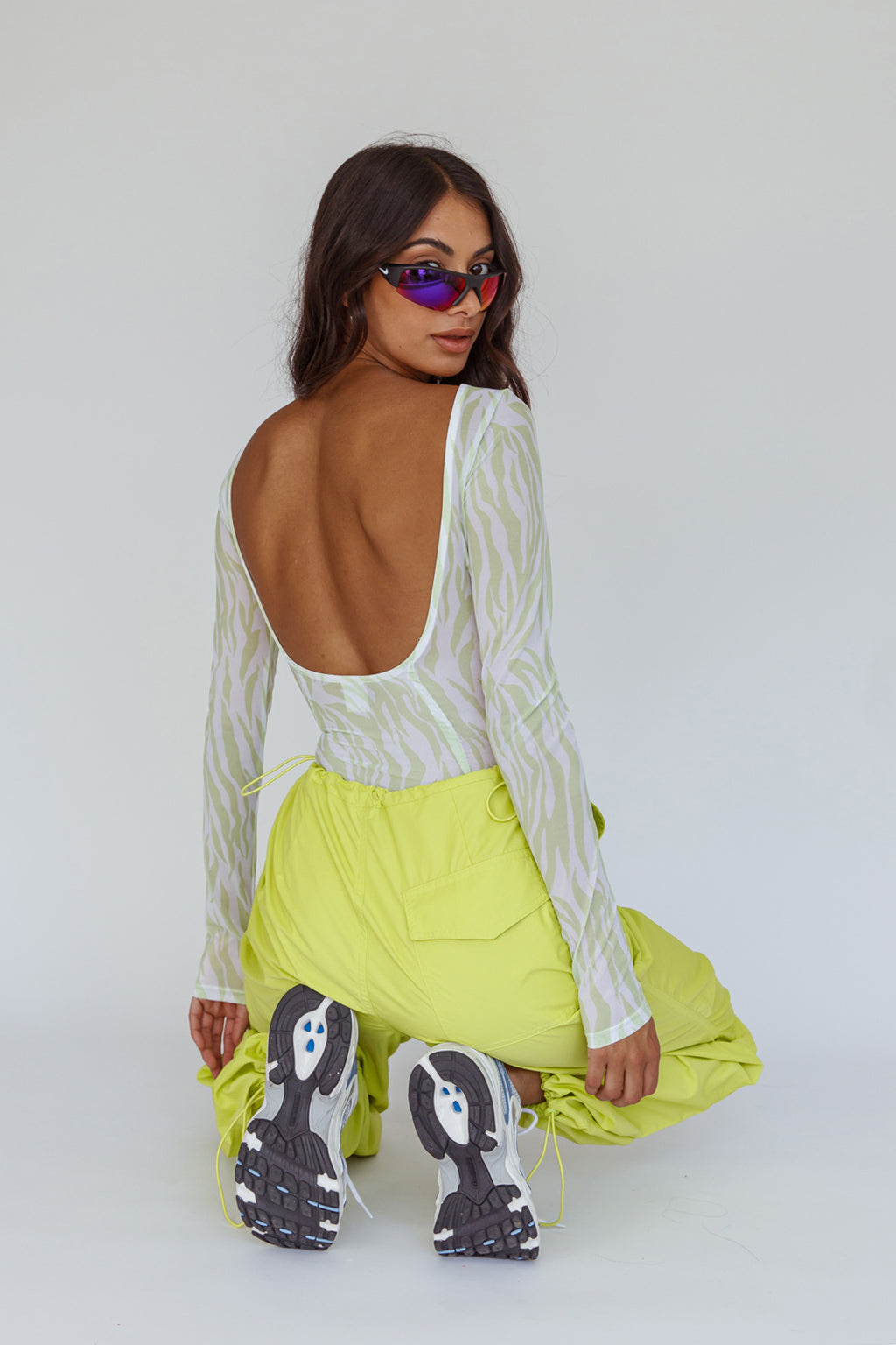 Juni Long Sleeve Low Back Mesh Bodysuit Tiger Lime by Selfie Leslie Australia