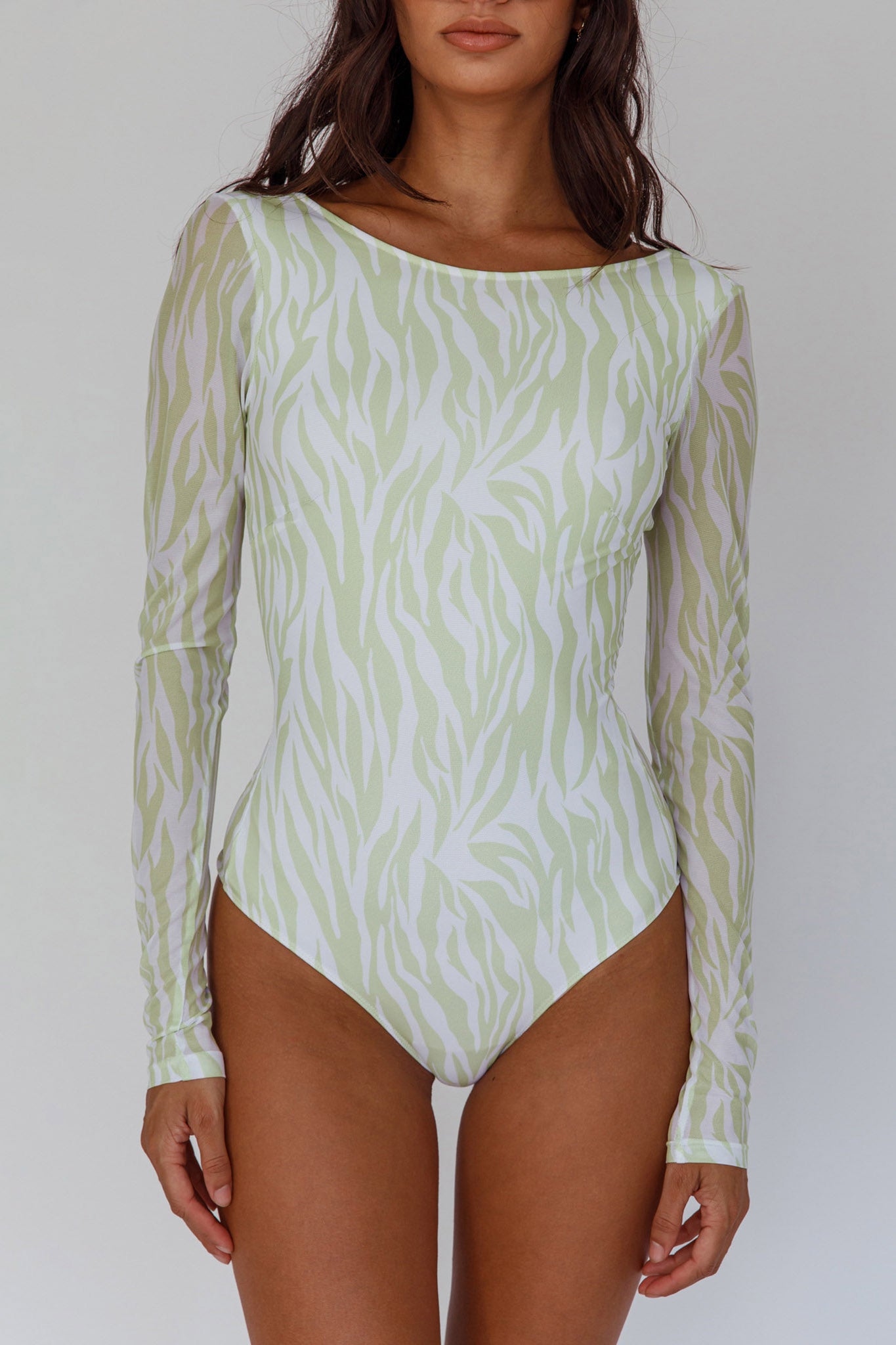 Juni Long Sleeve Low Back Mesh Bodysuit Tiger Lime by Selfie Leslie Australia