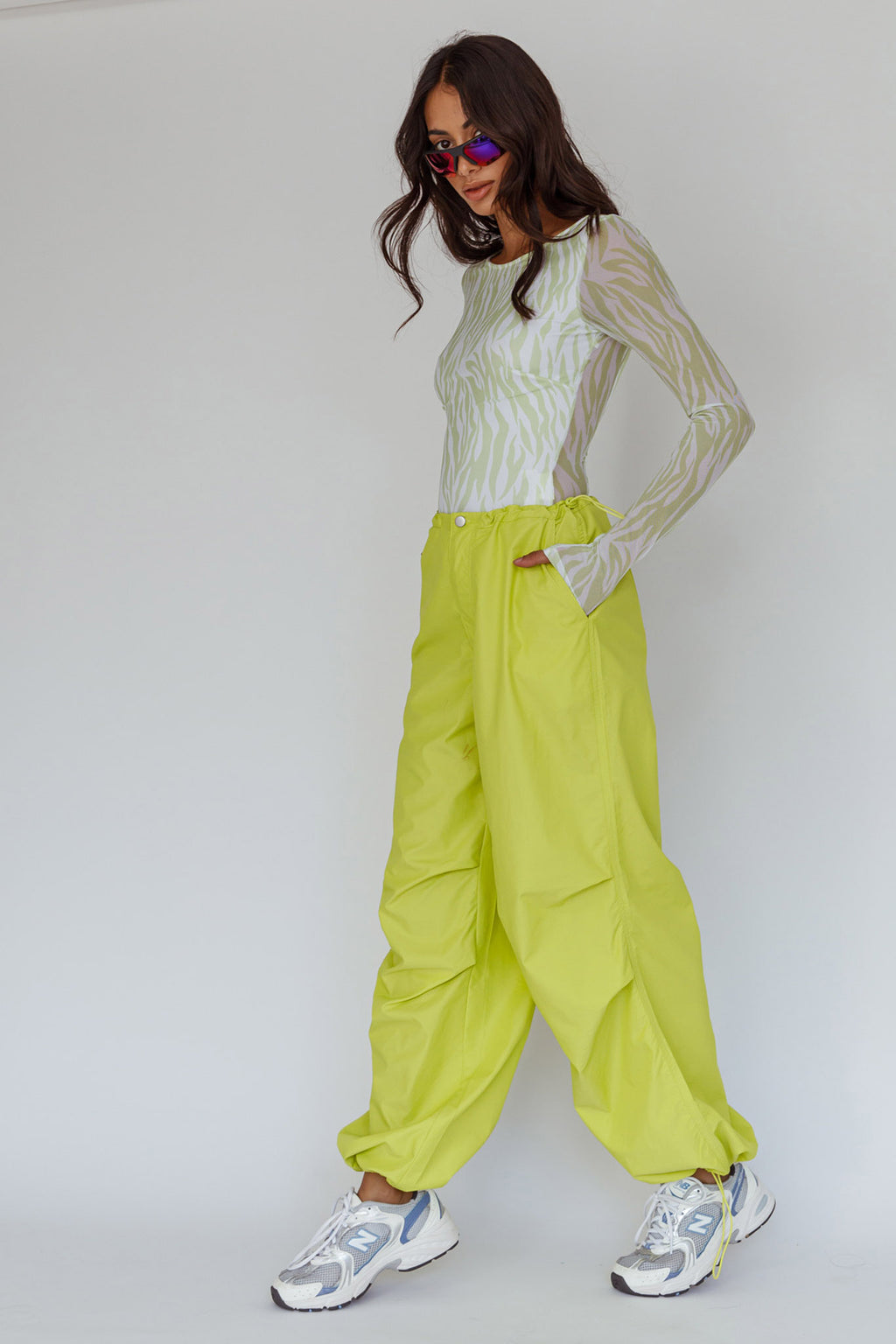 Juni Long Sleeve Low Back Mesh Bodysuit Tiger Lime by Selfie Leslie Australia