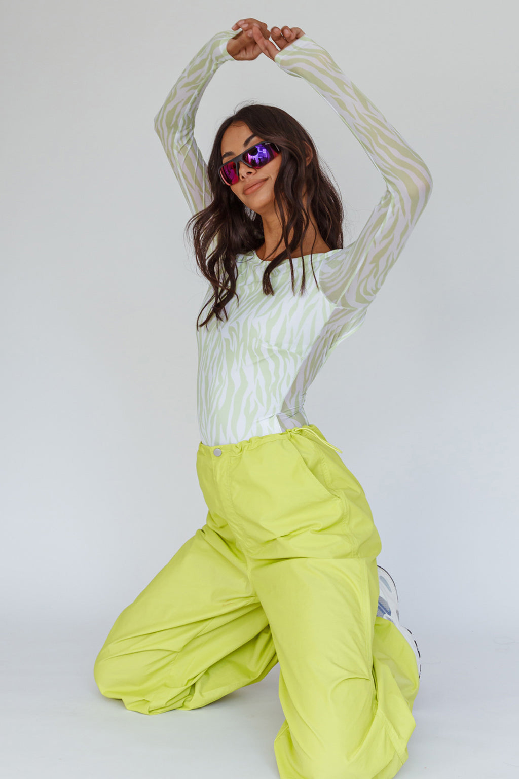 Juni Long Sleeve Low Back Mesh Bodysuit Tiger Lime by Selfie Leslie Australia