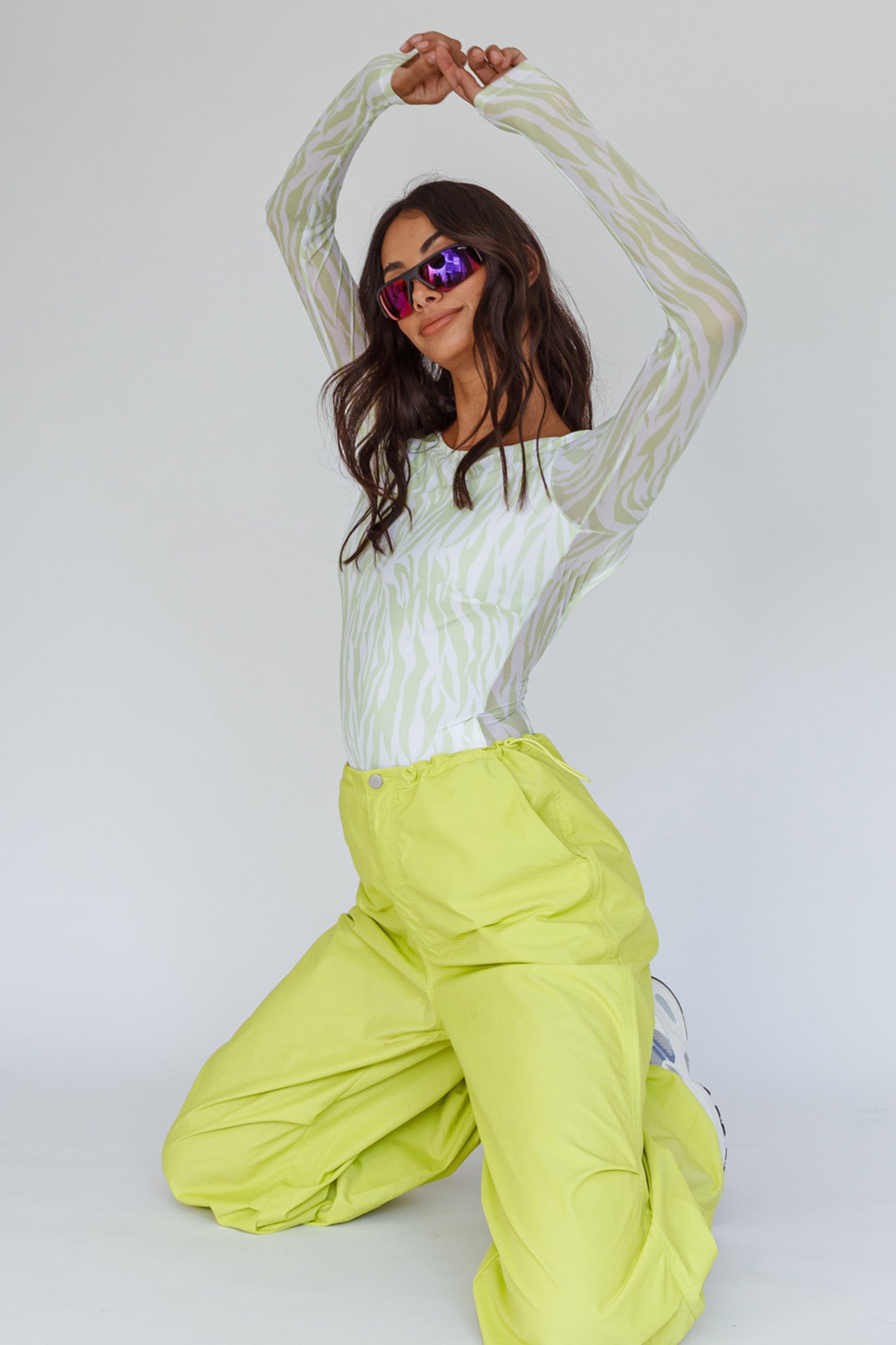 Juni Long Sleeve Low Back Mesh Bodysuit Tiger Lime by Selfie Leslie Australia