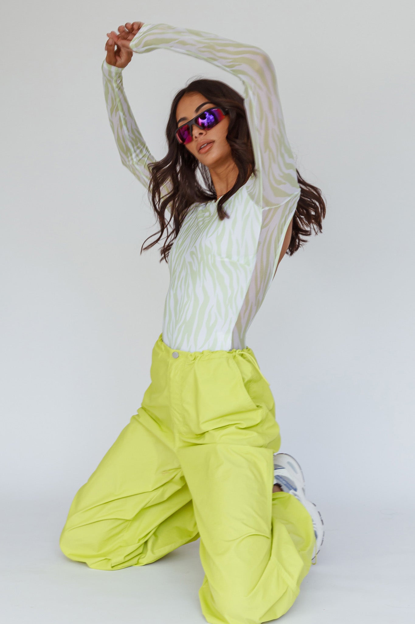 Juni Long Sleeve Low Back Mesh Bodysuit Tiger Lime by Selfie Leslie Australia