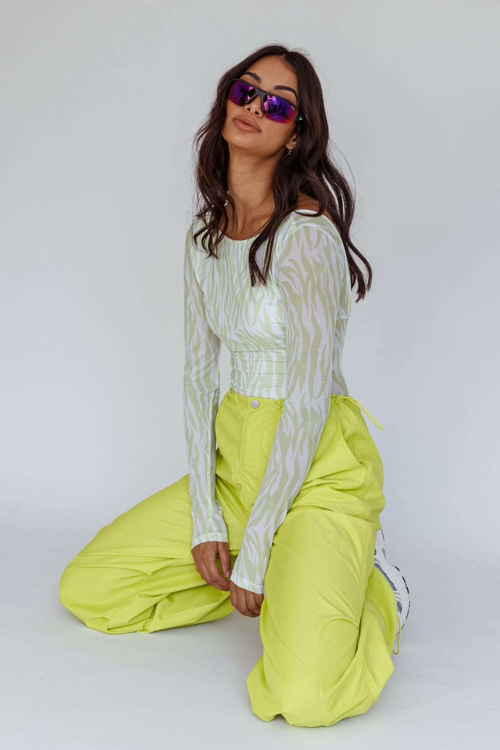 Juni Long Sleeve Low Back Mesh Bodysuit Tiger Lime by Selfie Leslie Australia