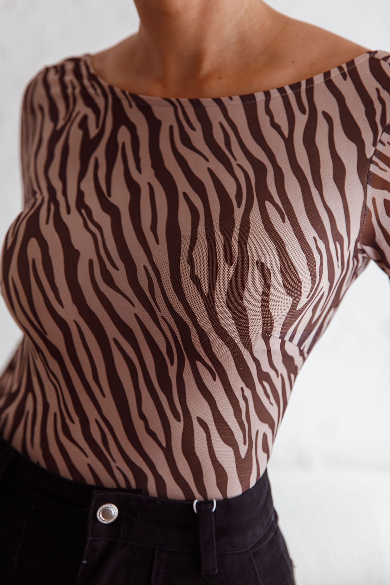 Juni Long Sleeve Low Back Mesh Bodysuit Tiger Print by Selfie Leslie