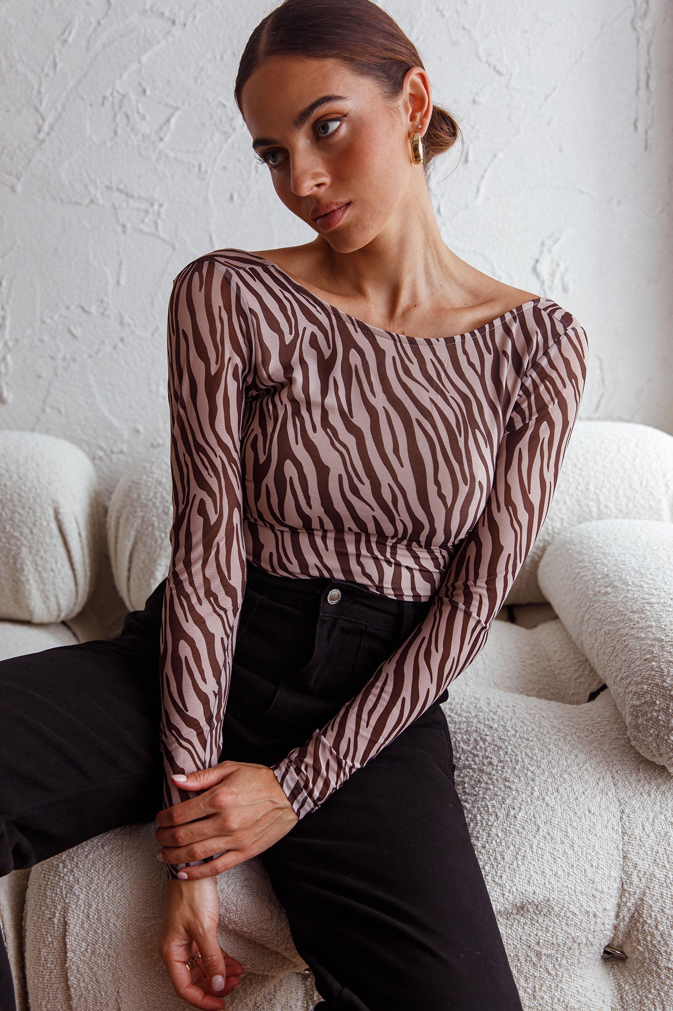 Juni Long Sleeve Low Back Mesh Bodysuit Tiger Print by Selfie Leslie
