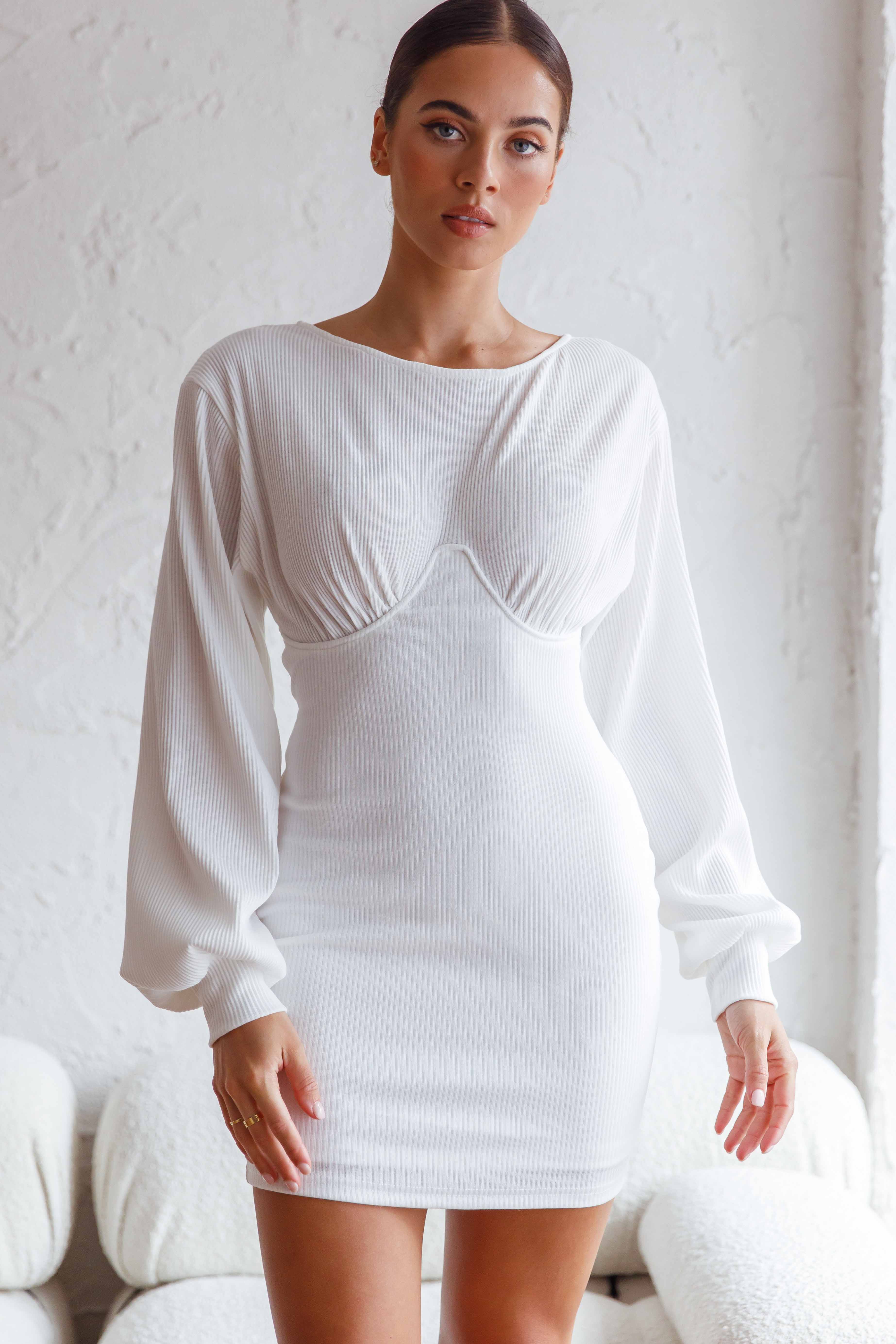 Sammy Long Balloon Sleeve Piping Detail Ribbed Dress White by Selfie Leslie
