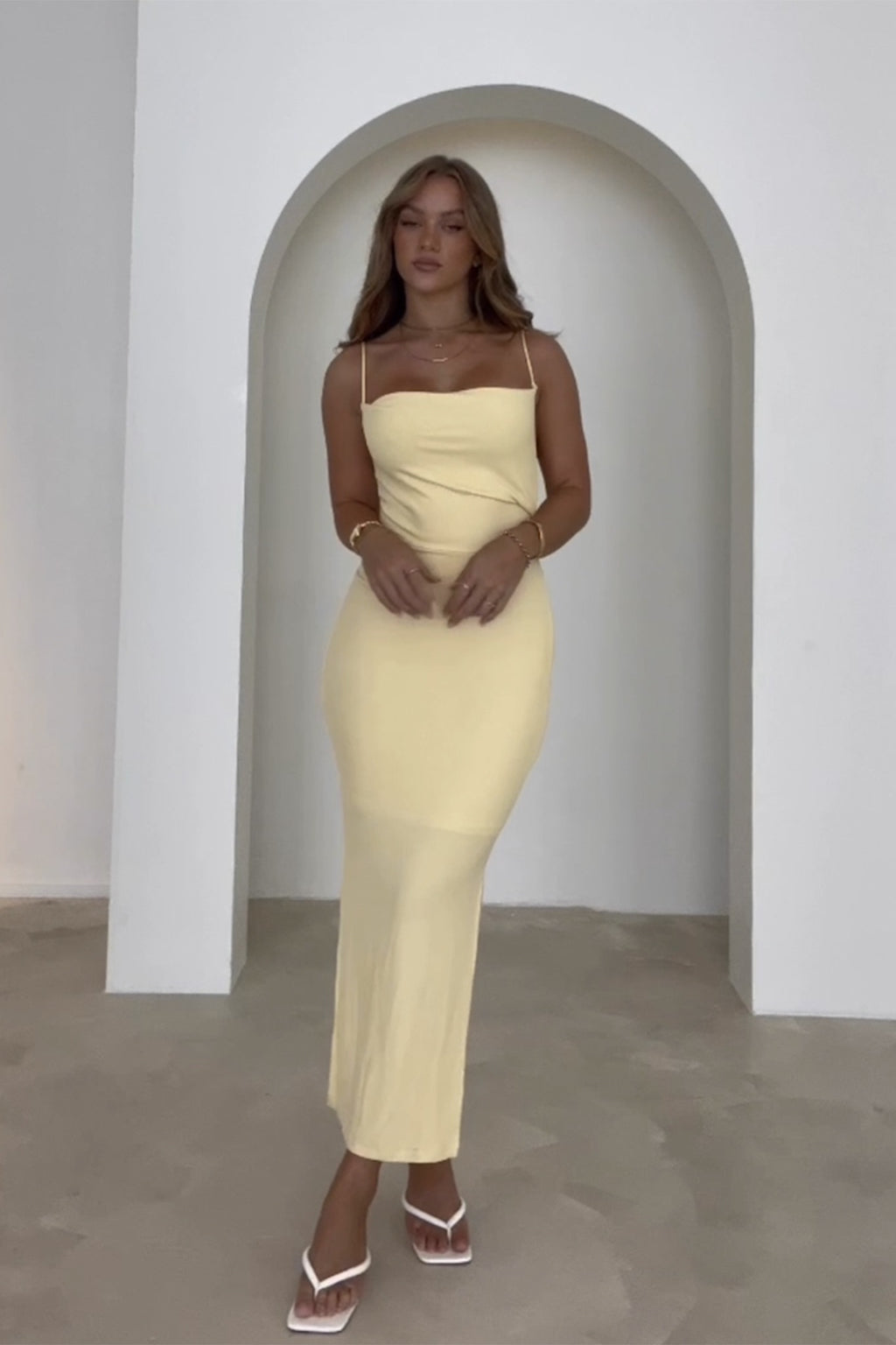 Frieda Cowl Neck Side Split Ribbed Maxi Dress Yellow by Selfie Leslie Australia