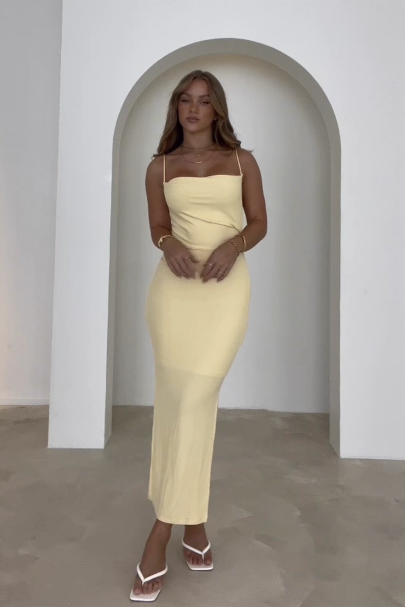 Frieda Cowl Neck Side Split Ribbed Maxi Dress Yellow by Selfie Leslie Australia