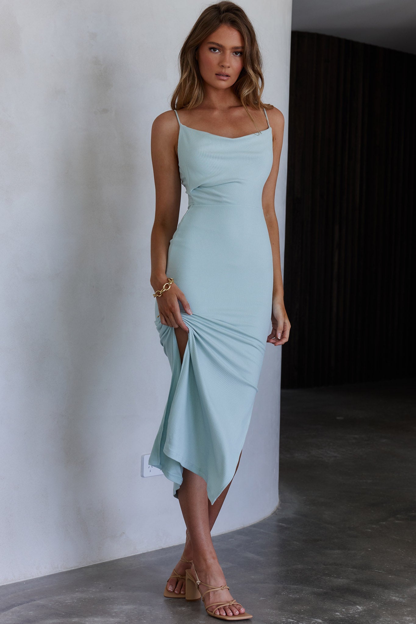 Frieda Cowl Neck Side Split Ribbed Maxi Dress Sky Blue by Selfie Leslie