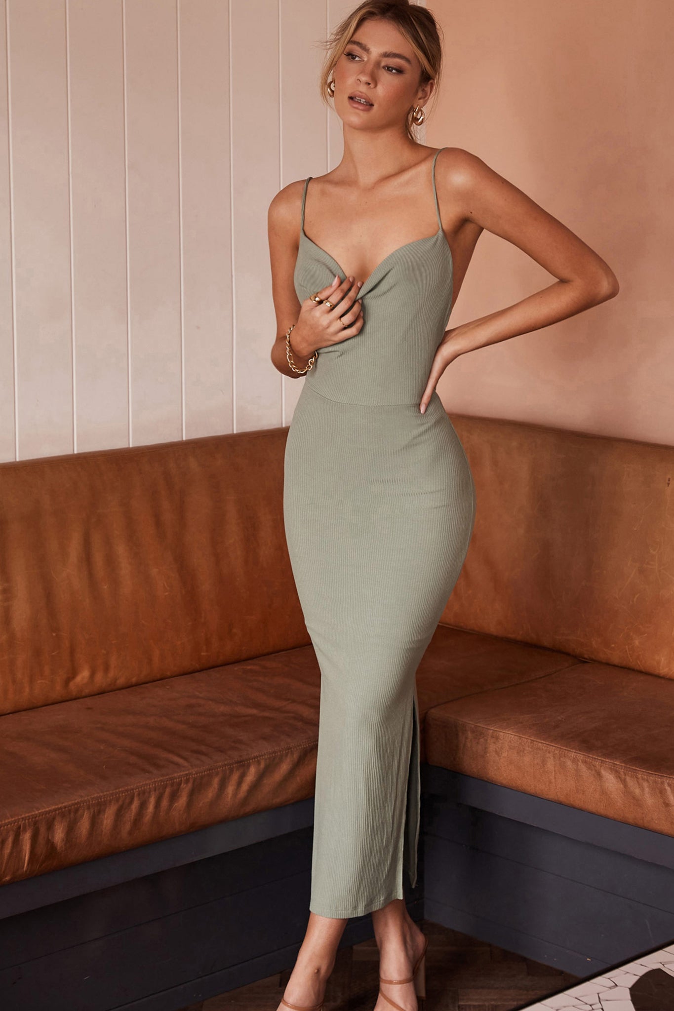 Frieda Cowl Neck Side Split Ribbed Maxi Dress Sage by Selfie Leslie