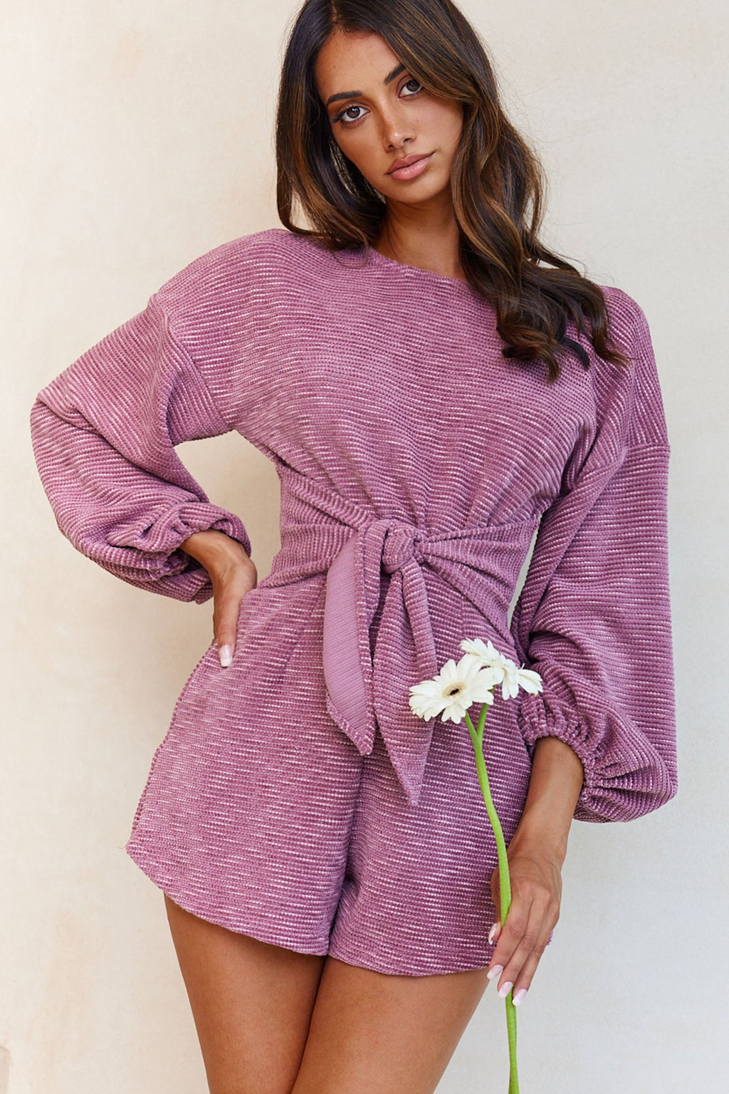 Windsor Long Balloon Sleeve Waist Tie Romper Mauve by Selfie Leslie